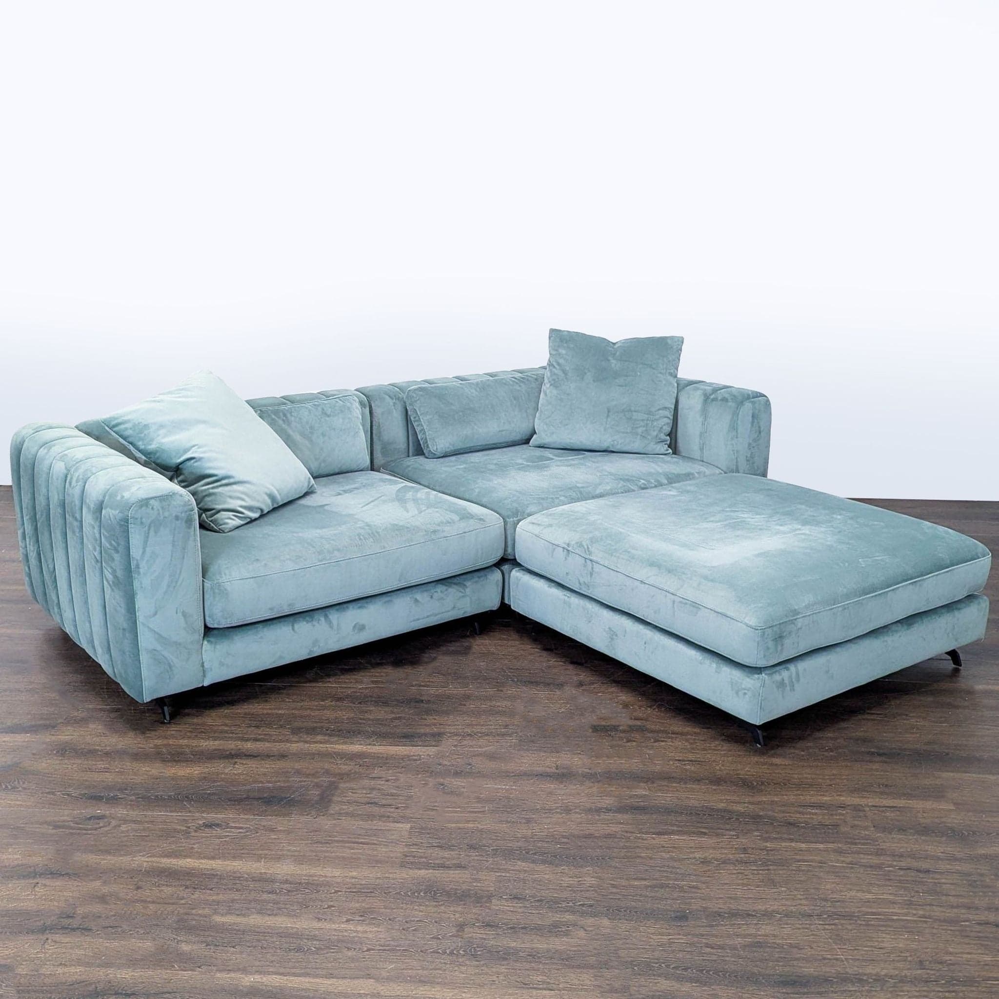 Rove Concepts Modern Light Blue Velvet Sectional Sofa with Ottoman - Thumbnail 2