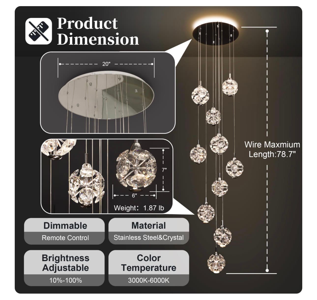 Crystal Ceiling Lamp with Remote Adjustable Height - Thumbnail 6