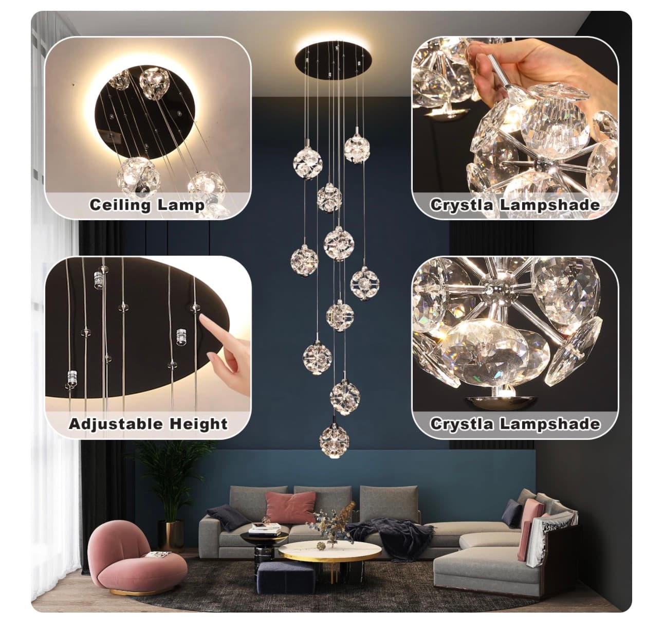 Crystal Ceiling Lamp with Remote Adjustable Height - Thumbnail 2