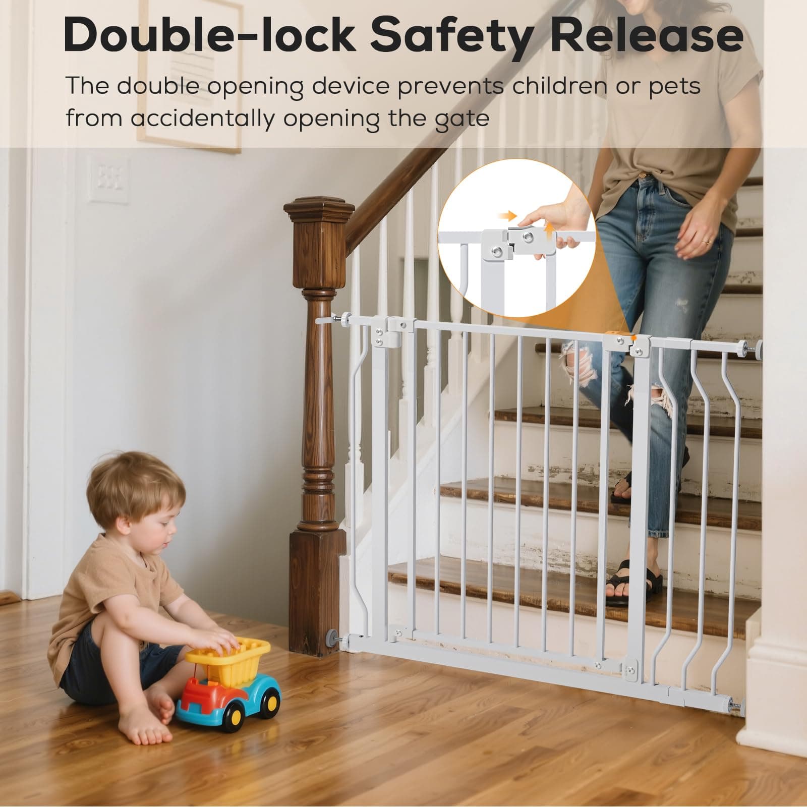 29-62" Baby Gate for Stairs, Baby Safety Essentials, Auto Close Gate for Doorways, Easy Install Pressure Mounted Dog Gate Indoor, Pet Gates for Dogs, White - Thumbnail 3