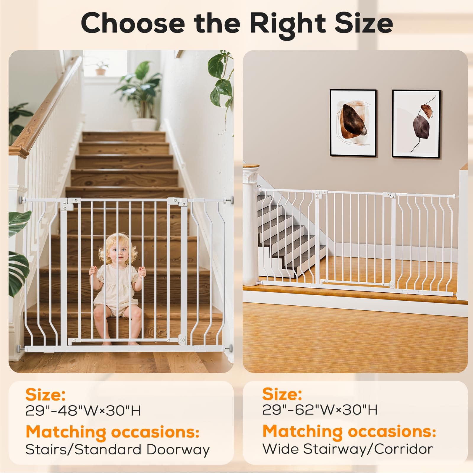 29-62" Baby Gate for Stairs, Baby Safety Essentials, Auto Close Gate for Doorways, Easy Install Pressure Mounted Dog Gate Indoor, Pet Gates for Dogs, White - Thumbnail 9