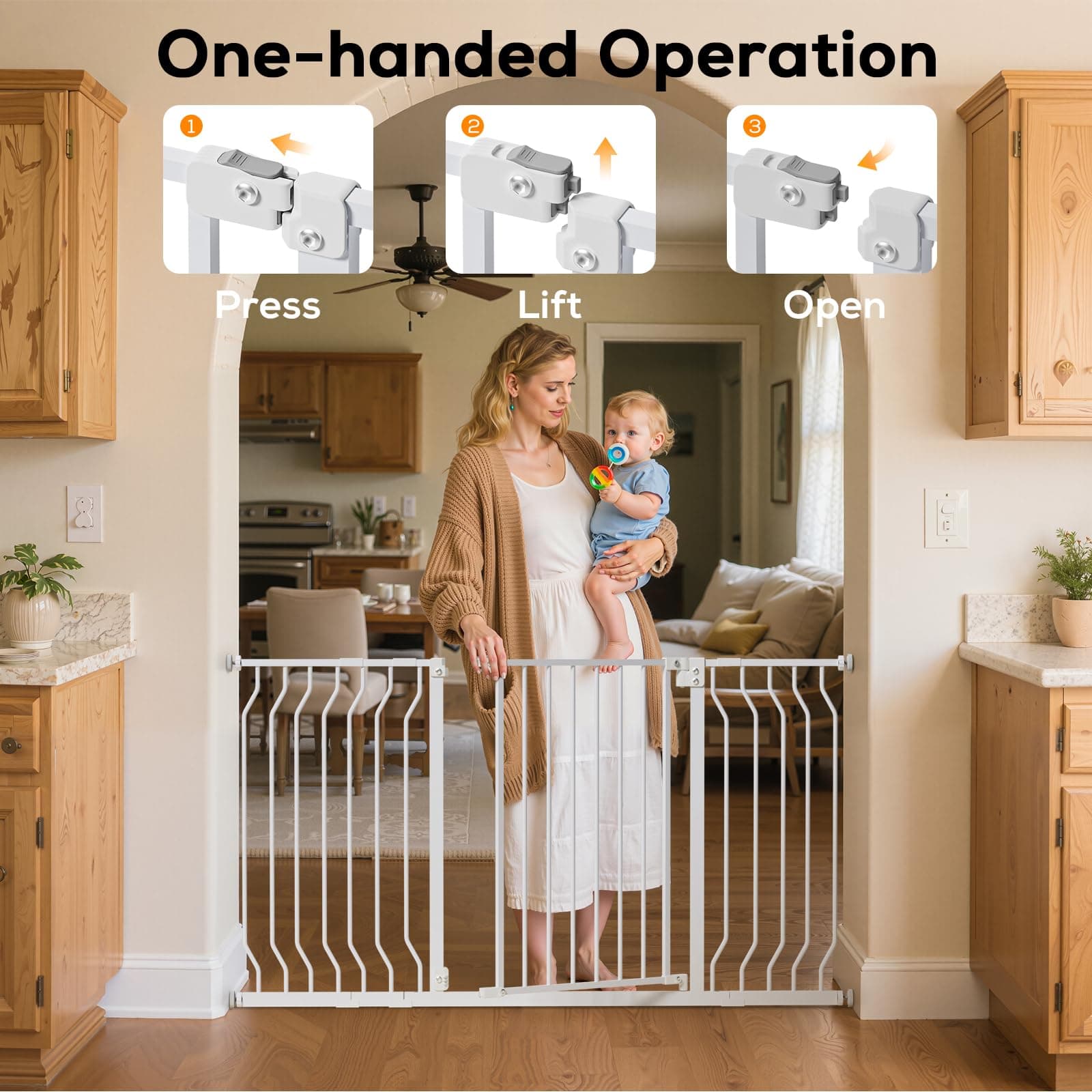 29-62" Baby Gate for Stairs, Baby Safety Essentials, Auto Close Gate for Doorways, Easy Install Pressure Mounted Dog Gate Indoor, Pet Gates for Dogs, White - Thumbnail 8