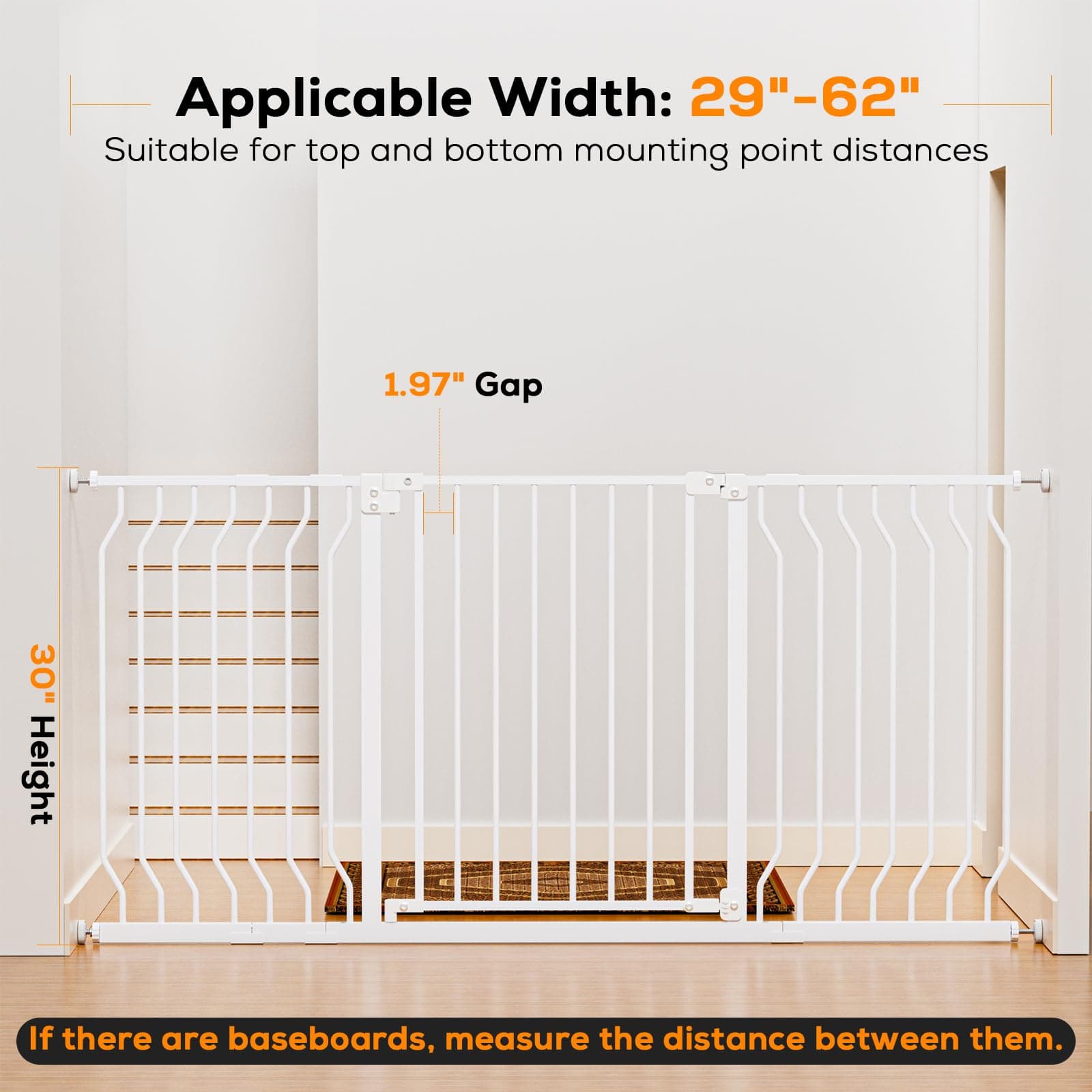 29-62" Baby Gate for Stairs, Baby Safety Essentials, Auto Close Gate for Doorways, Easy Install Pressure Mounted Dog Gate Indoor, Pet Gates for Dogs, White - Thumbnail 5