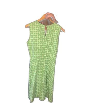 New York & Company Geometric Lattice Fit Flare Sleeveless Dress Green White L - Thumbnail 4
