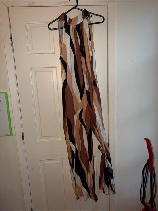 Sleeveless Halter Maxi Romper in Brown & Black Abstract Print - Thumbnail 3