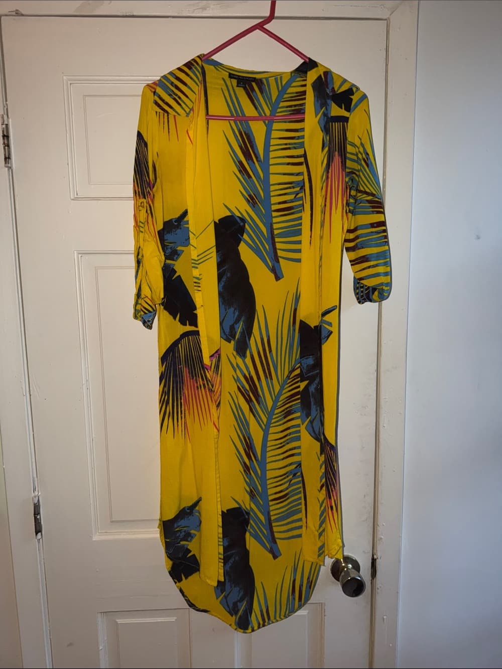 Bright Yellow Tropical-Print Long Sleeve Women’s Dress - Thumbnail 2
