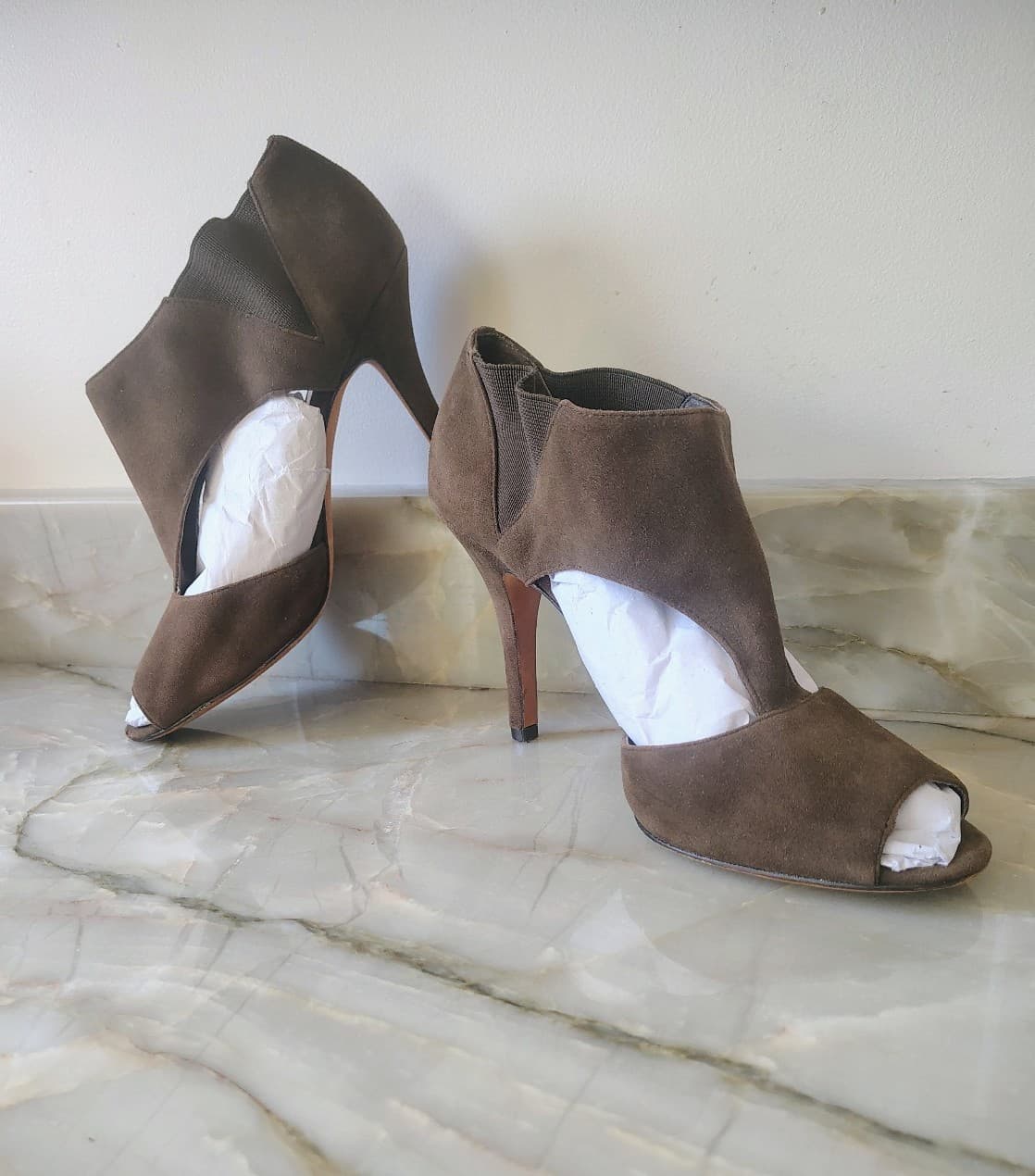 COACH "Adrianna" Suede Peep Toe Stiletto Booties: sz 8 - Thumbnail 2