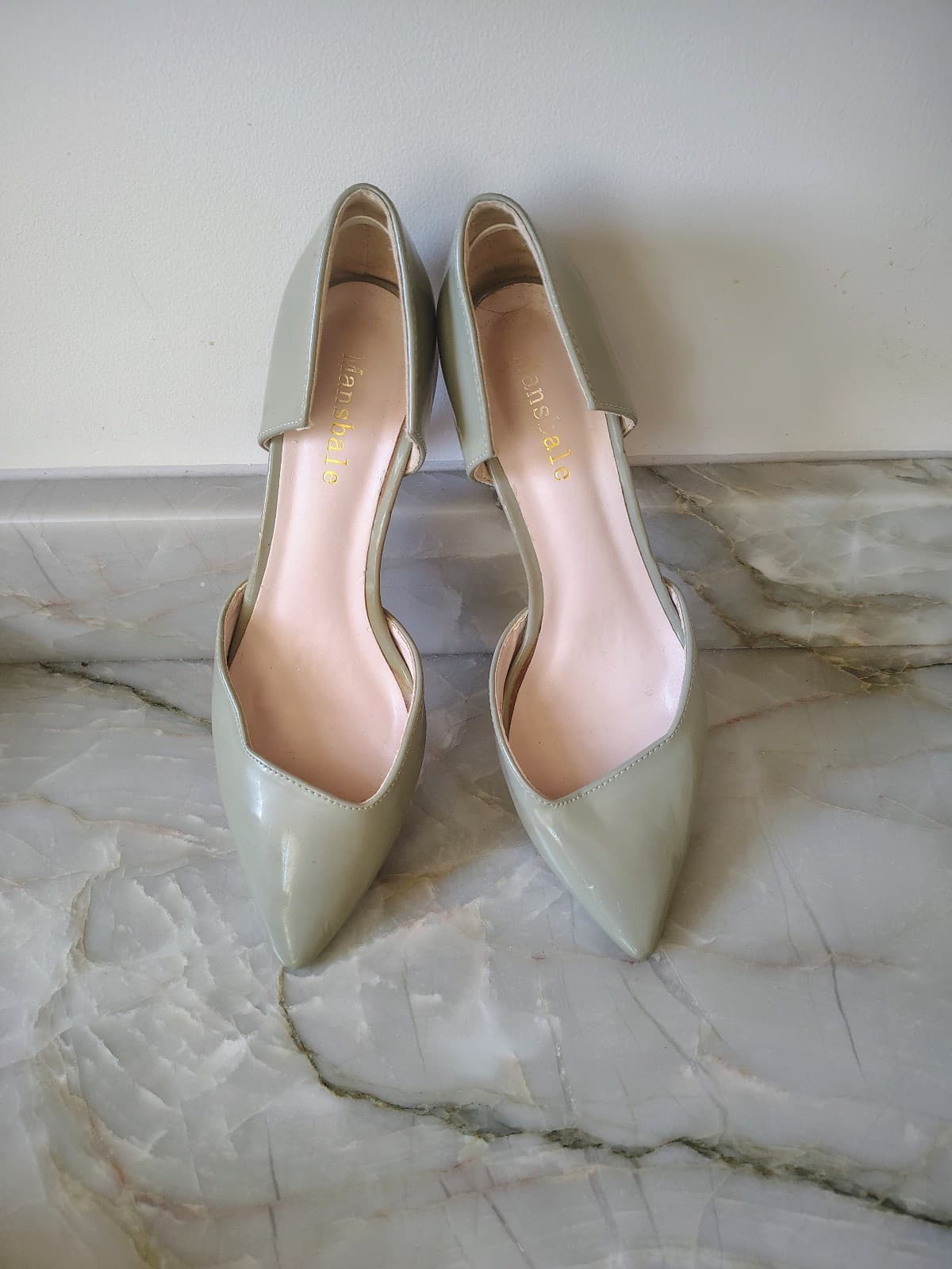 MANSBALE Rare Sage Green Patent Slingback Pointed Toe Stiletto Heels: SZ 7.5 - Thumbnail 5