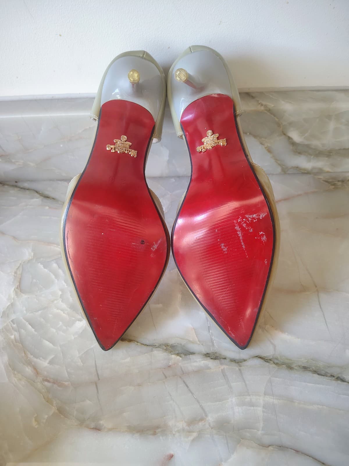 MANSBALE Rare Sage Green Patent Slingback Pointed Toe Stiletto Heels: SZ 7.5 - Thumbnail 3