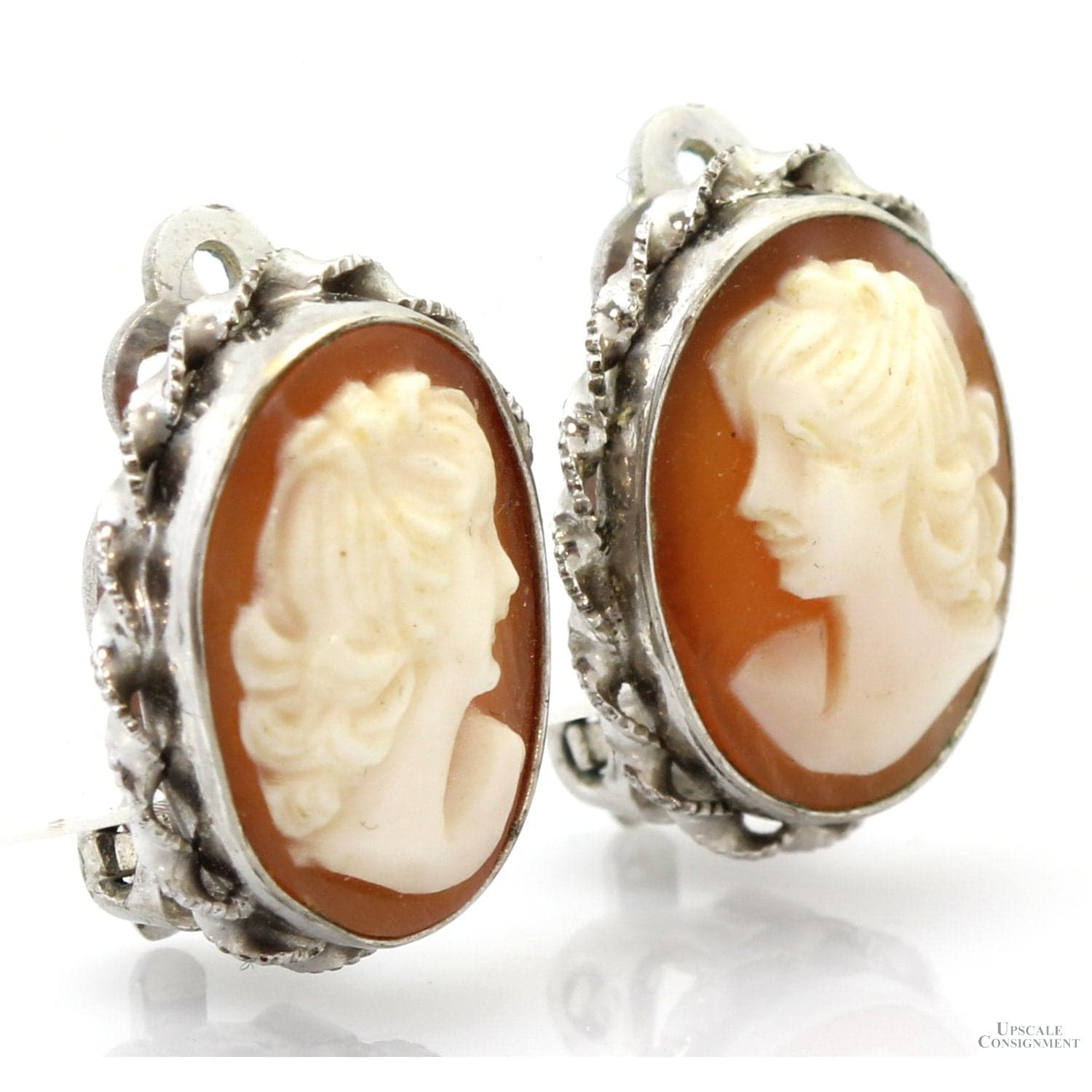 Shell Cameo Clip Earrings 12K White Gold Filled Mountings - .625" L - Thumbnail 2