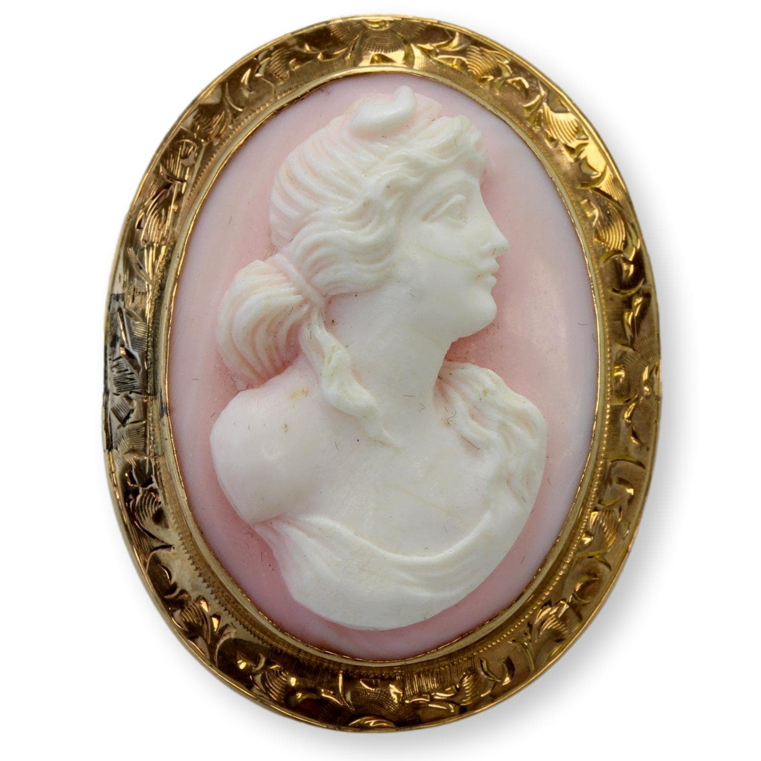 High-Relief Shell Cameo Brooch 14K Gold Engraved Frame - 1.75" - Thumbnail 2