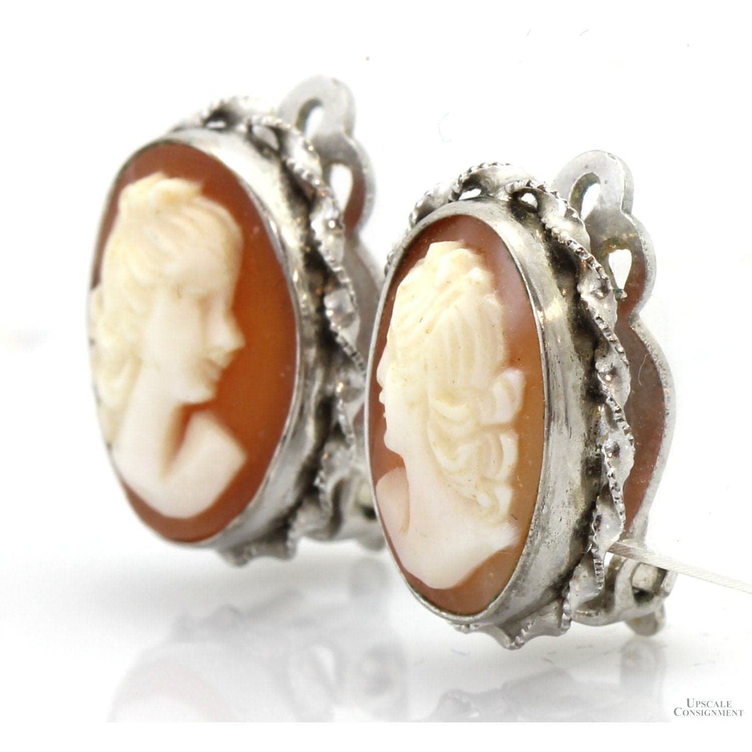 Shell Cameo Clip Earrings 12K White Gold Filled Mountings - .625" L - Thumbnail 3