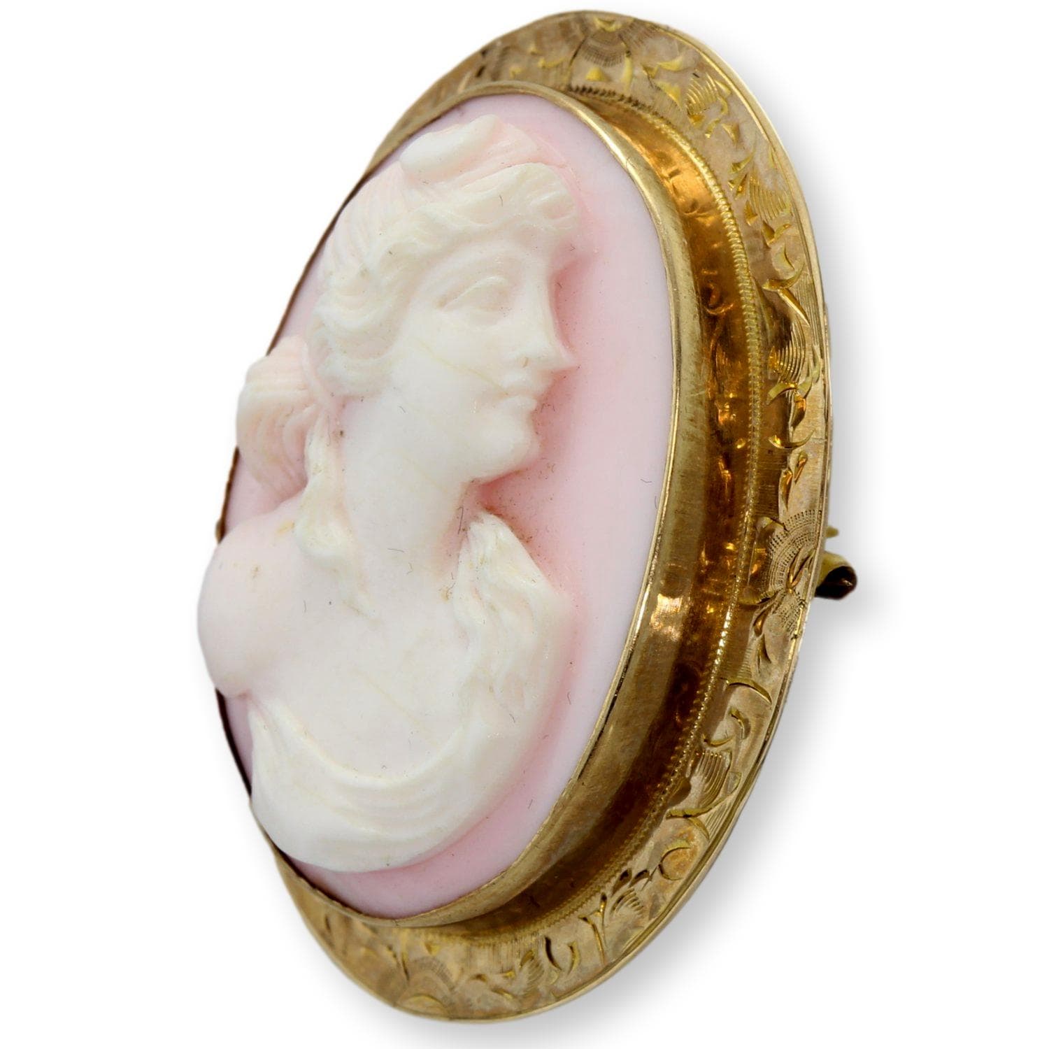 High-Relief Shell Cameo Brooch 14K Gold Engraved Frame - 1.75" - Thumbnail 4