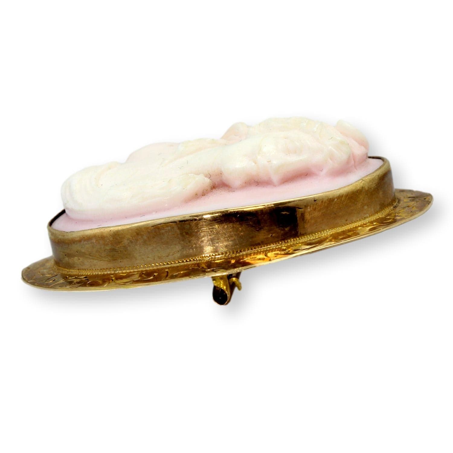 High-Relief Shell Cameo Brooch 14K Gold Engraved Frame - 1.75" - Thumbnail 5