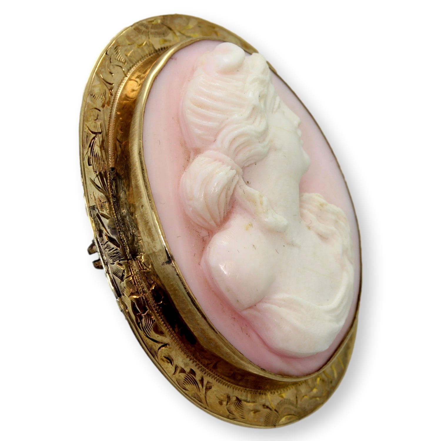 High-Relief Shell Cameo Brooch 14K Gold Engraved Frame - 1.75" - Thumbnail 3