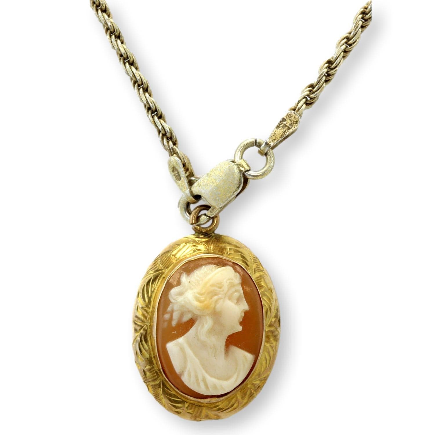 Vintage 14K Gold Shell Cameo Pendant Classical Lady Profile Mid-Century - .875"(l) - Thumbnail 2