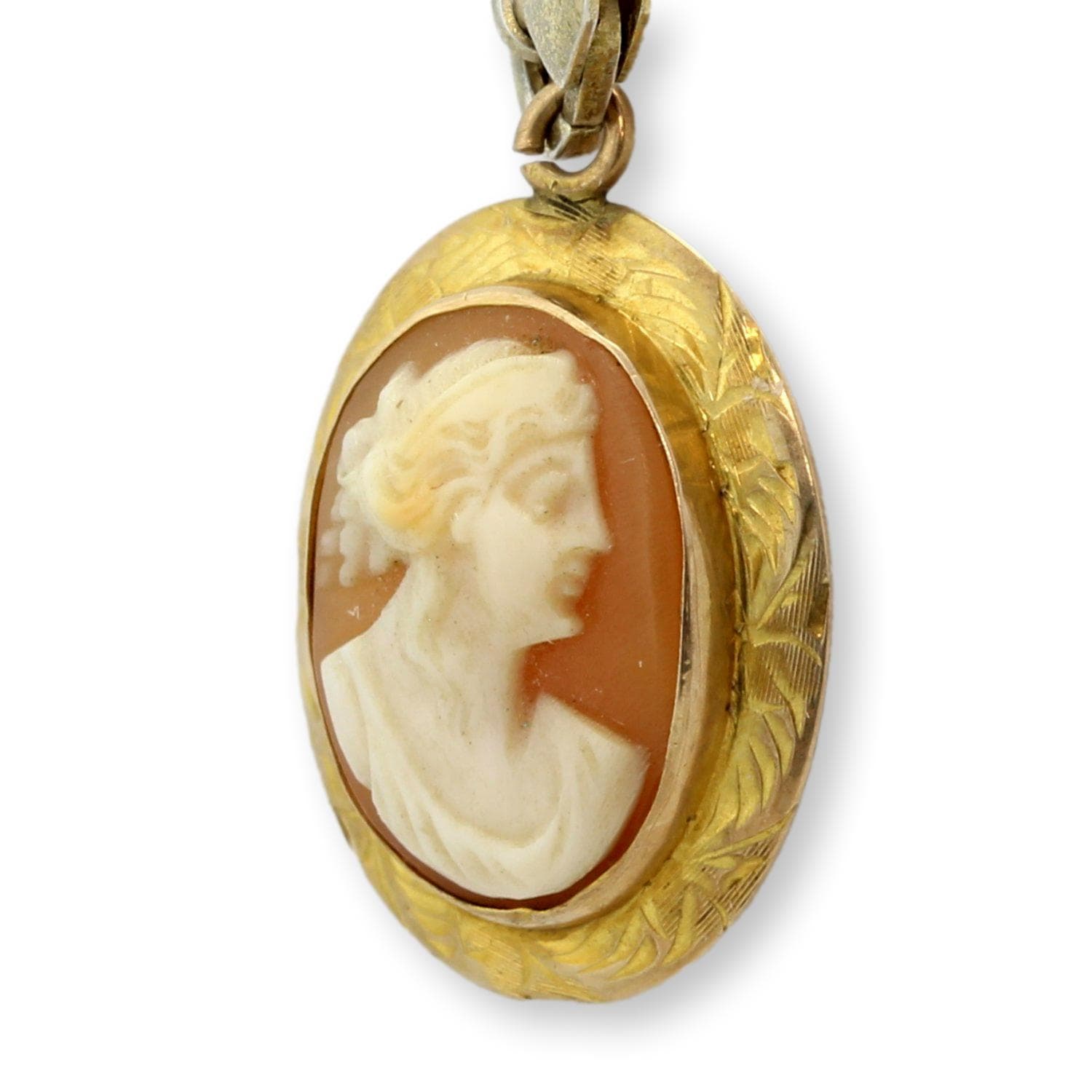 Vintage 14K Gold Shell Cameo Pendant Classical Lady Profile Mid-Century - .875"(l) - Thumbnail 4