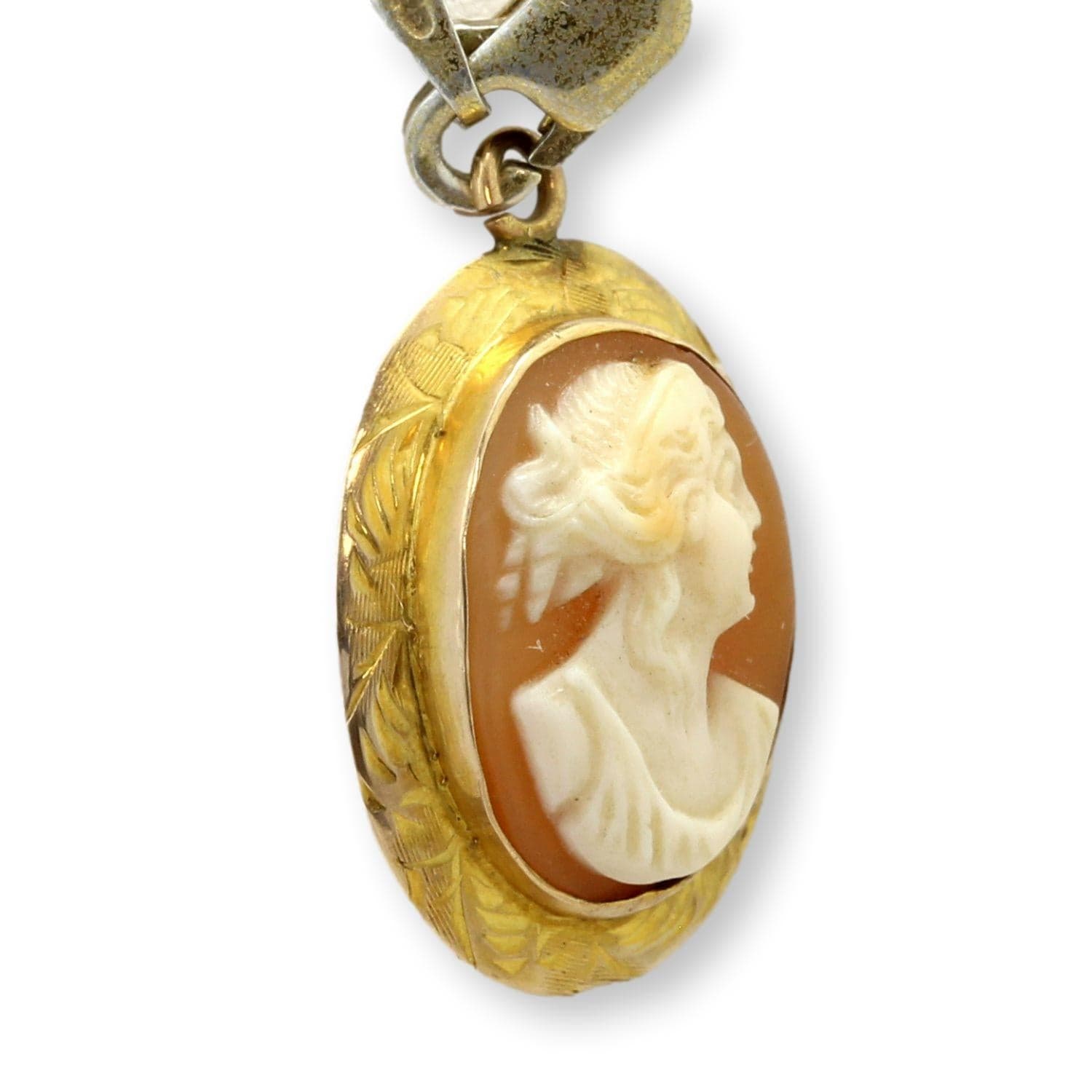 Vintage 14K Gold Shell Cameo Pendant Classical Lady Profile Mid-Century - .875"(l) - Thumbnail 3