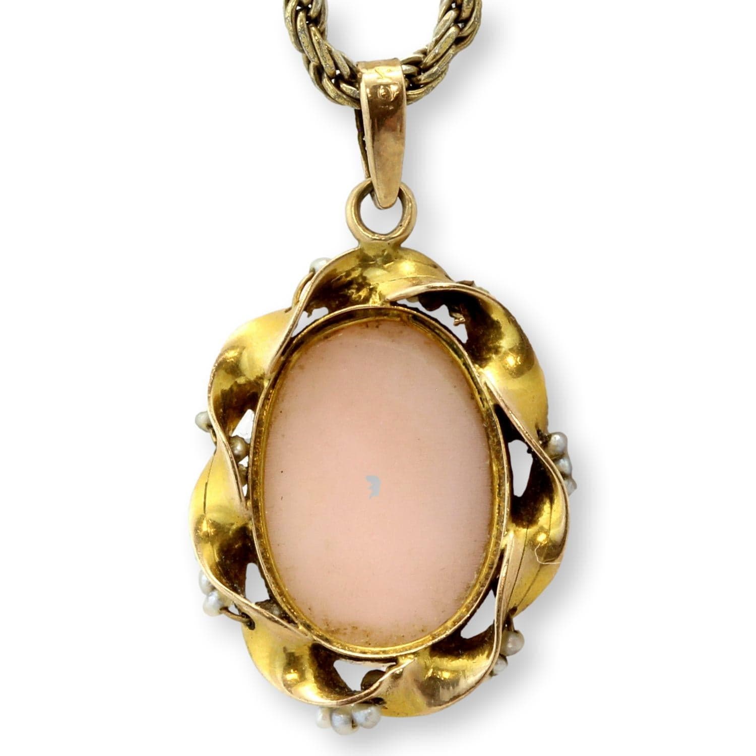 14K Gold Shell Cameo Pendant Hand-Wired Nataural Seed Pearls - 1 inch - Thumbnail 4