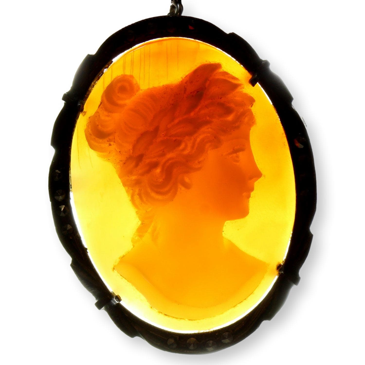 Carved Shell Cameo & Marcasite 800 Silver Pendant Brooch & Chain - 1.625" - Thumbnail 4
