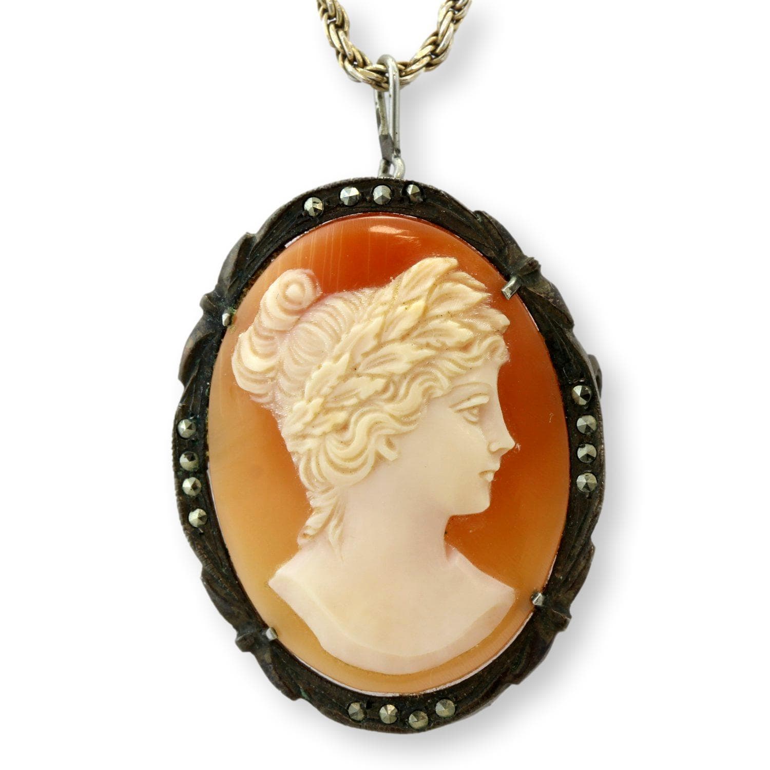 Carved Shell Cameo & Marcasite 800 Silver Pendant Brooch & Chain - 1.625" - Thumbnail 2