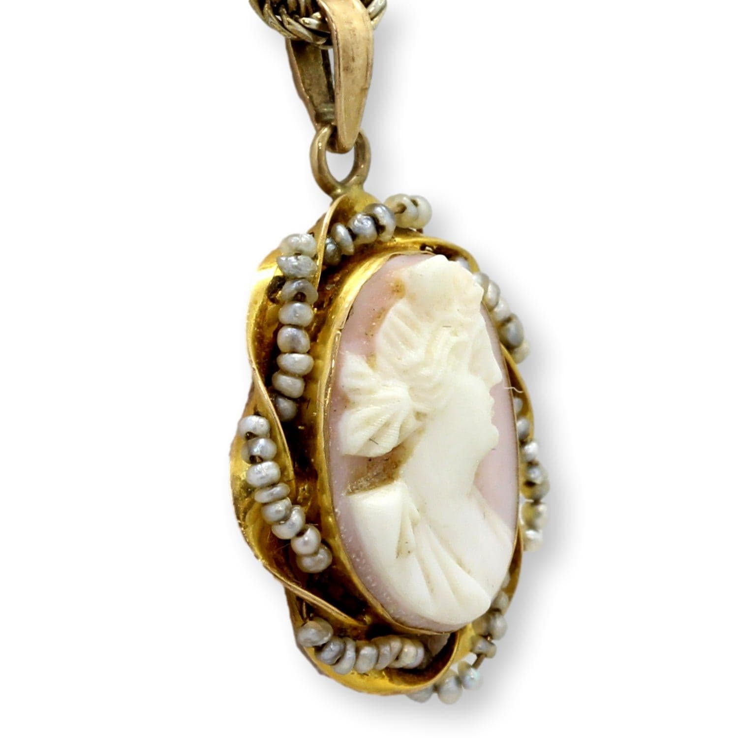 14K Gold Shell Cameo Pendant Hand-Wired Nataural Seed Pearls - 1 inch - Thumbnail 3