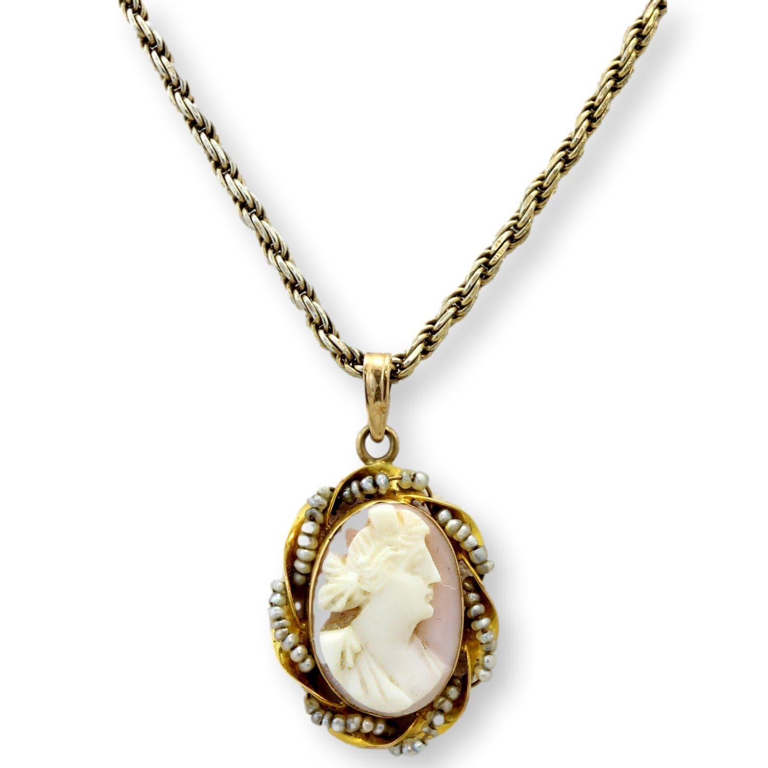 14K Gold Shell Cameo Pendant Hand-Wired Nataural Seed Pearls - 1 inch - Thumbnail 2