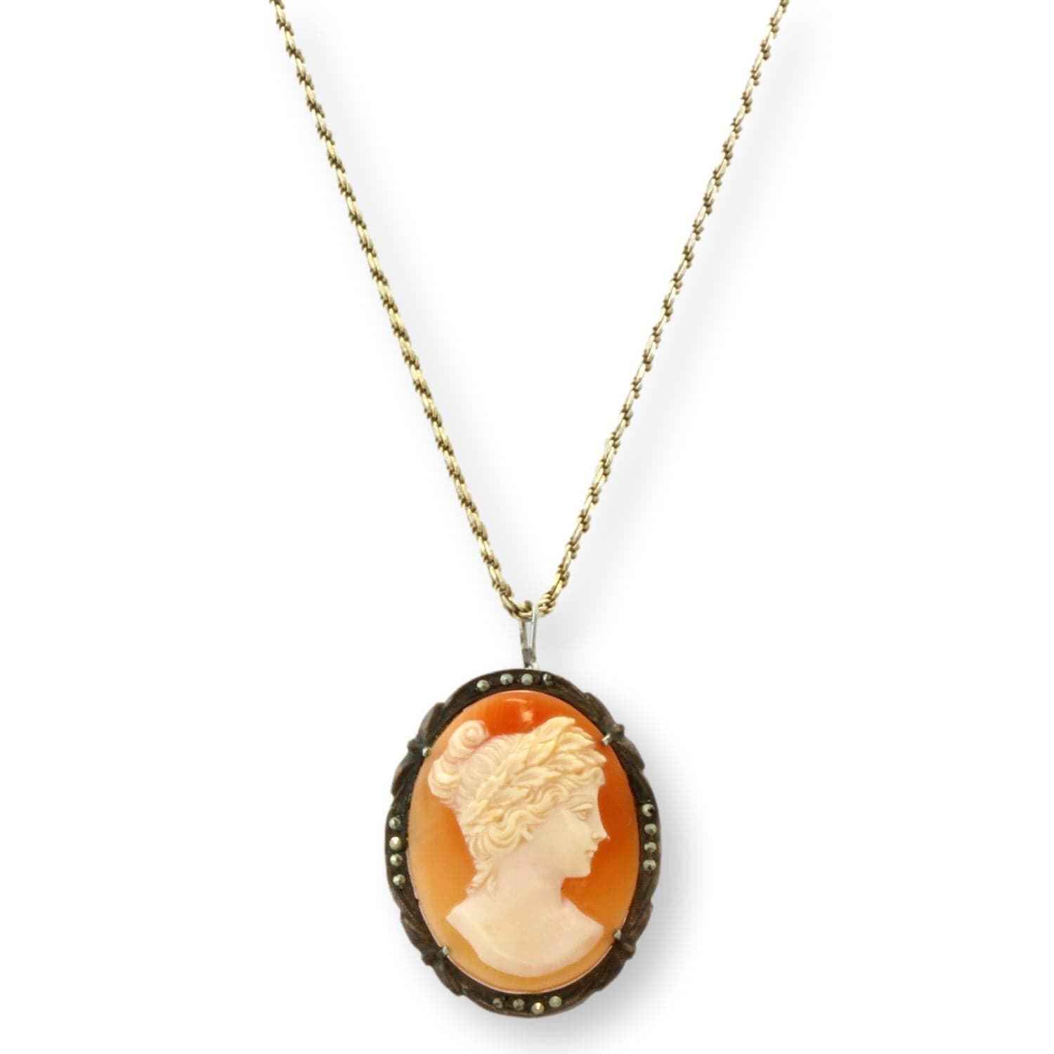 Carved Shell Cameo & Marcasite 800 Silver Pendant Brooch & Chain - 1.625" - Thumbnail 3