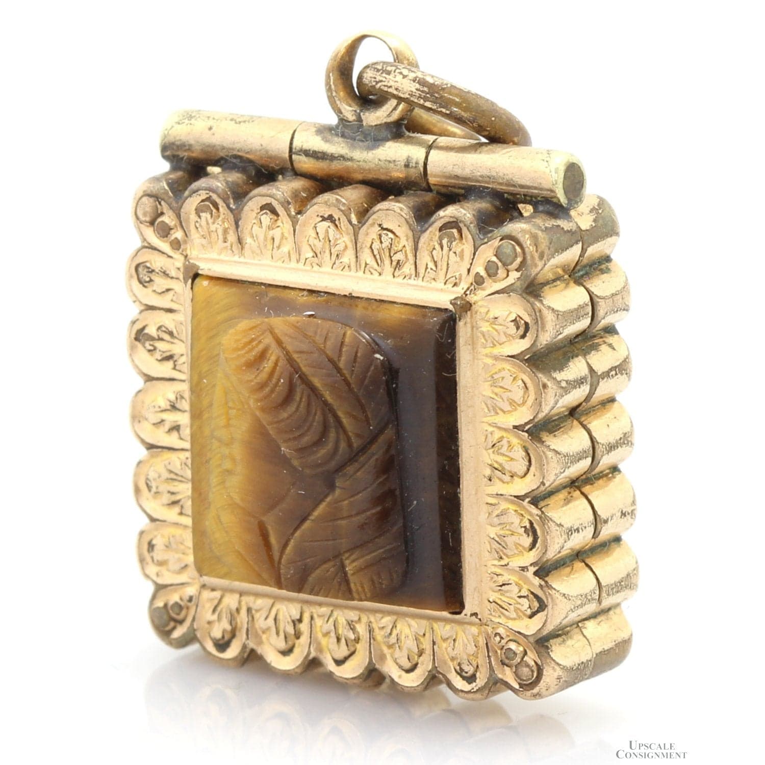 Vintage Tiger's Eye Cameo Locket Pendant with 14K Gold Accents - Thumbnail 2