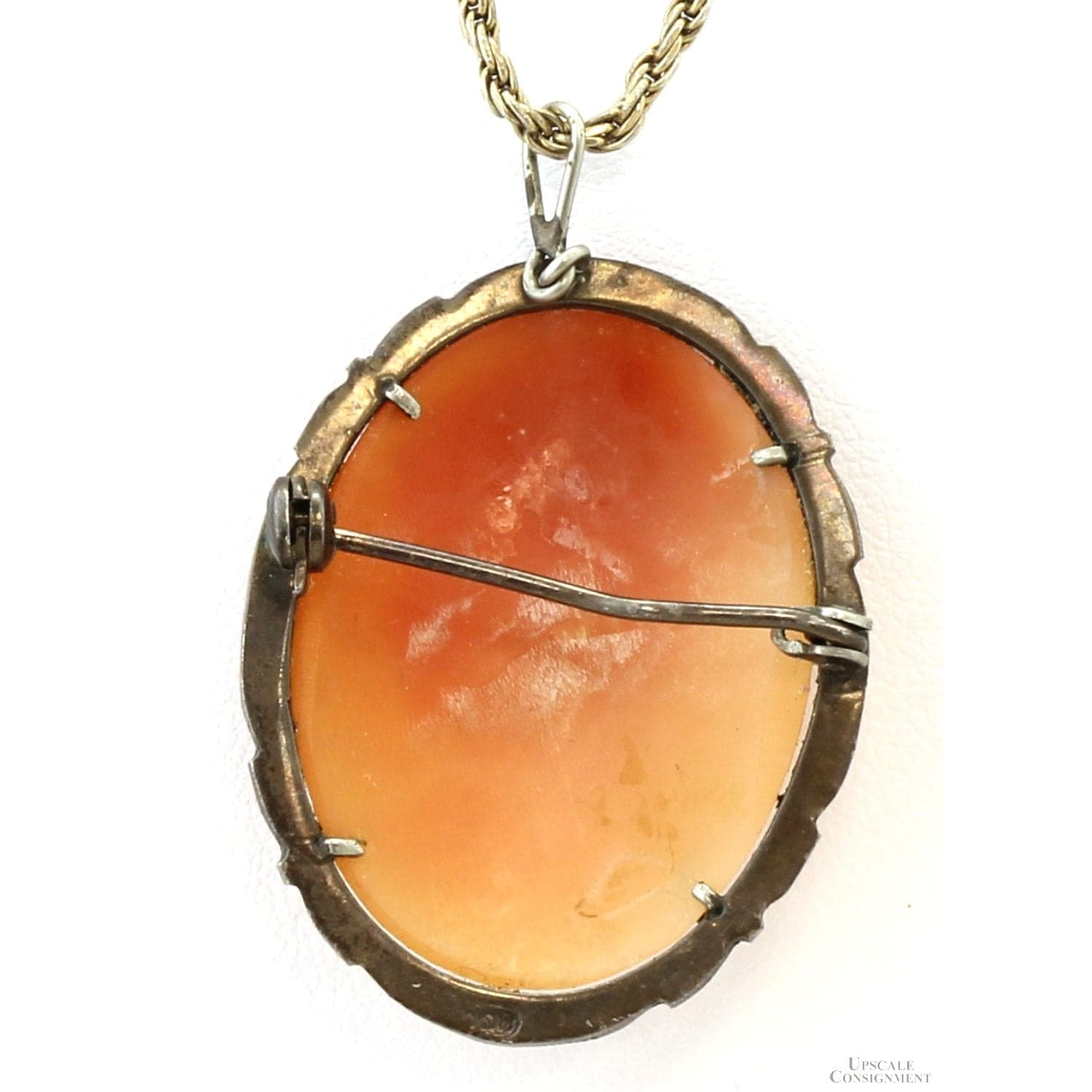 Carved Shell Cameo & Marcasite 800 Silver Pendant Brooch & Chain - 1.625" - Thumbnail 5