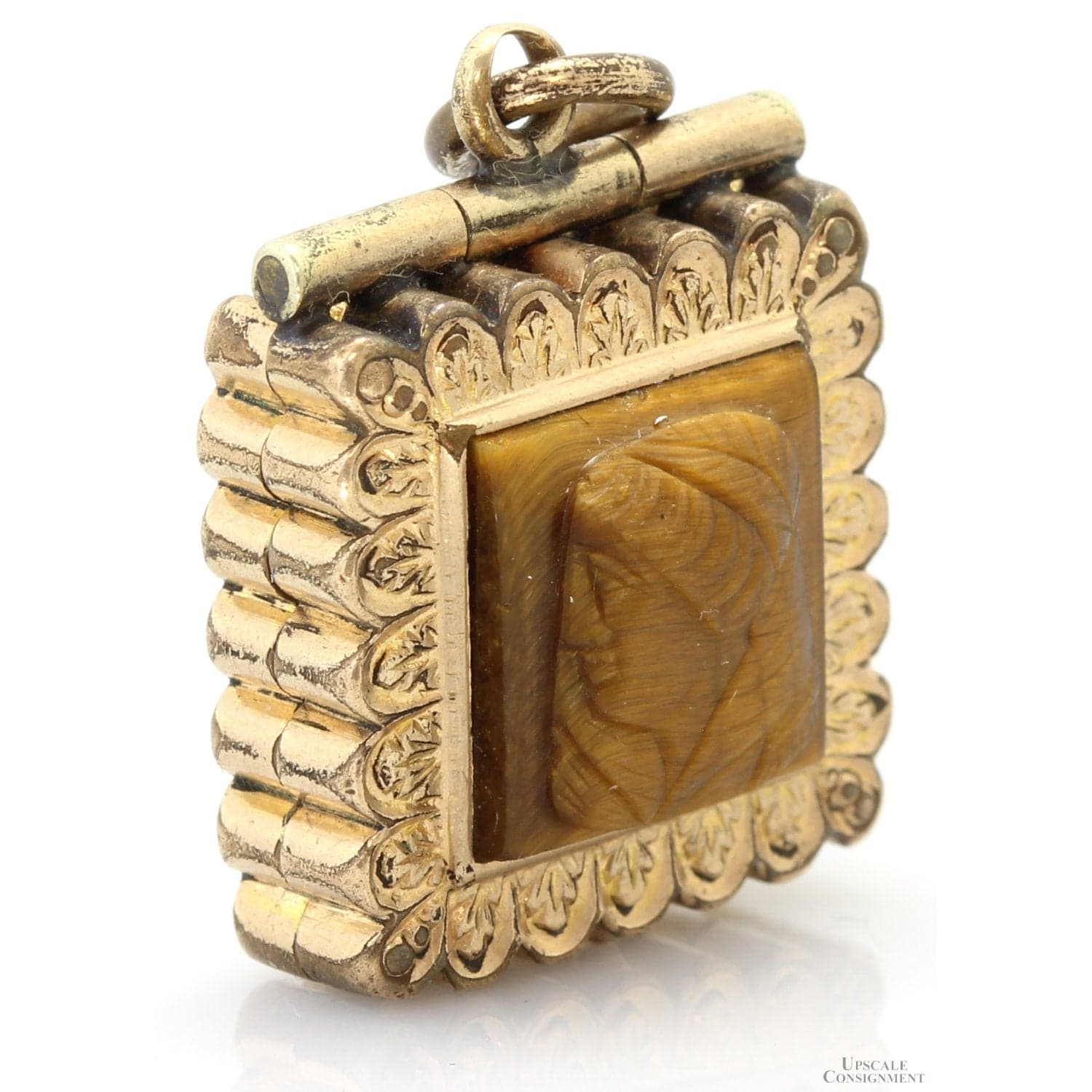Vintage Tiger's Eye Cameo Locket Pendant with 14K Gold Accents - Thumbnail 4