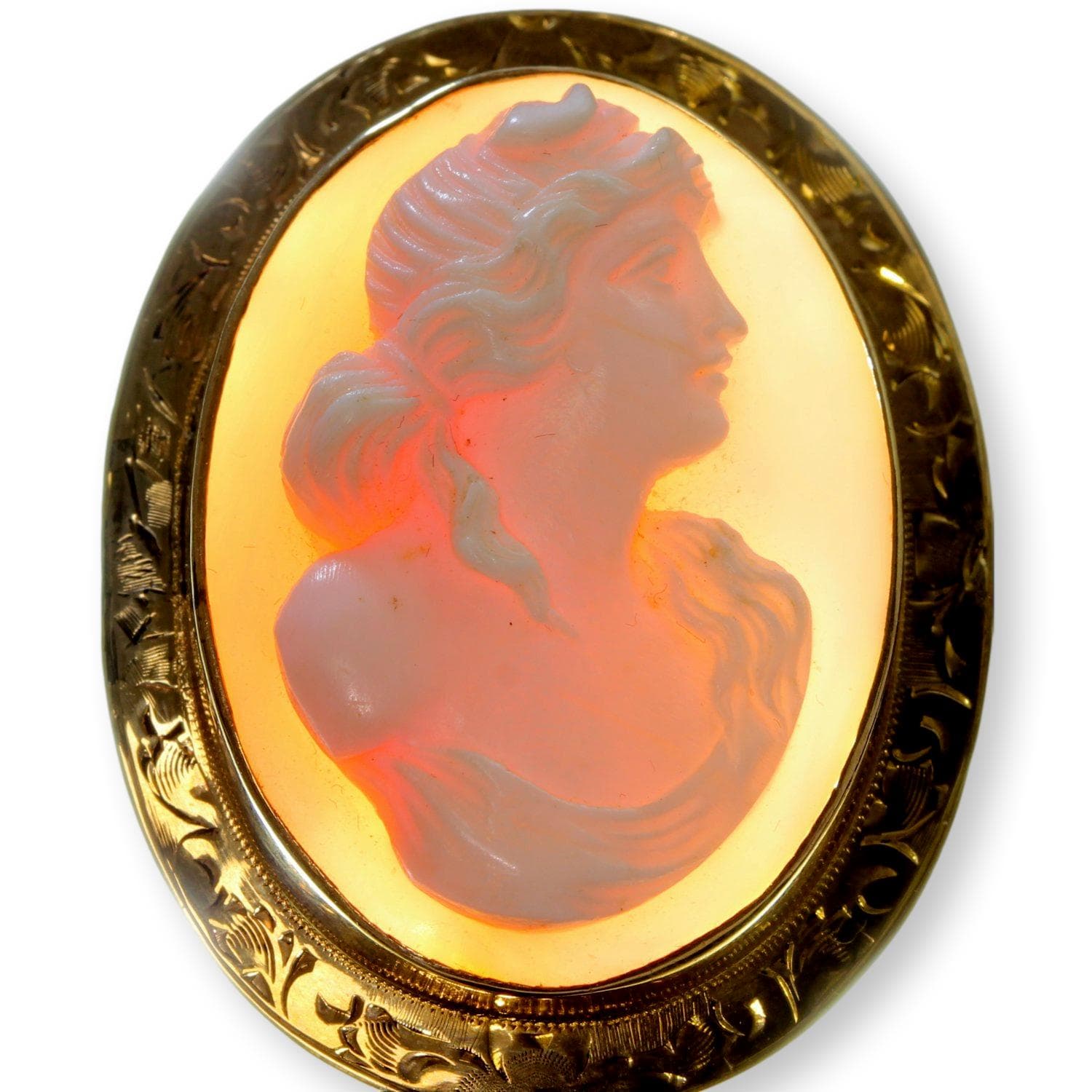 High-Relief Shell Cameo Brooch 14K Gold Engraved Frame - 1.75" - Thumbnail 7
