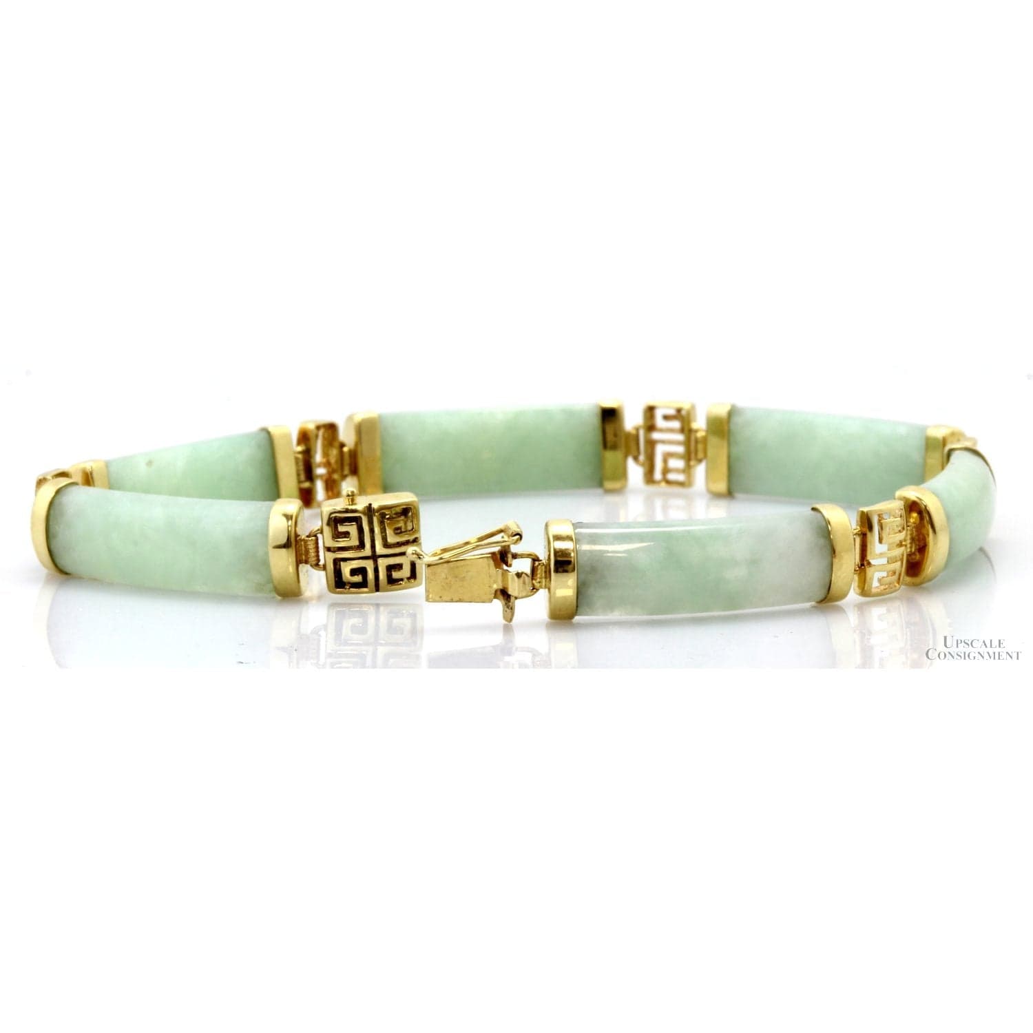 14K Gold & Light Green Jadeite Jade Link Bracelet | 14.32 Grams - Size 7 - Thumbnail 2