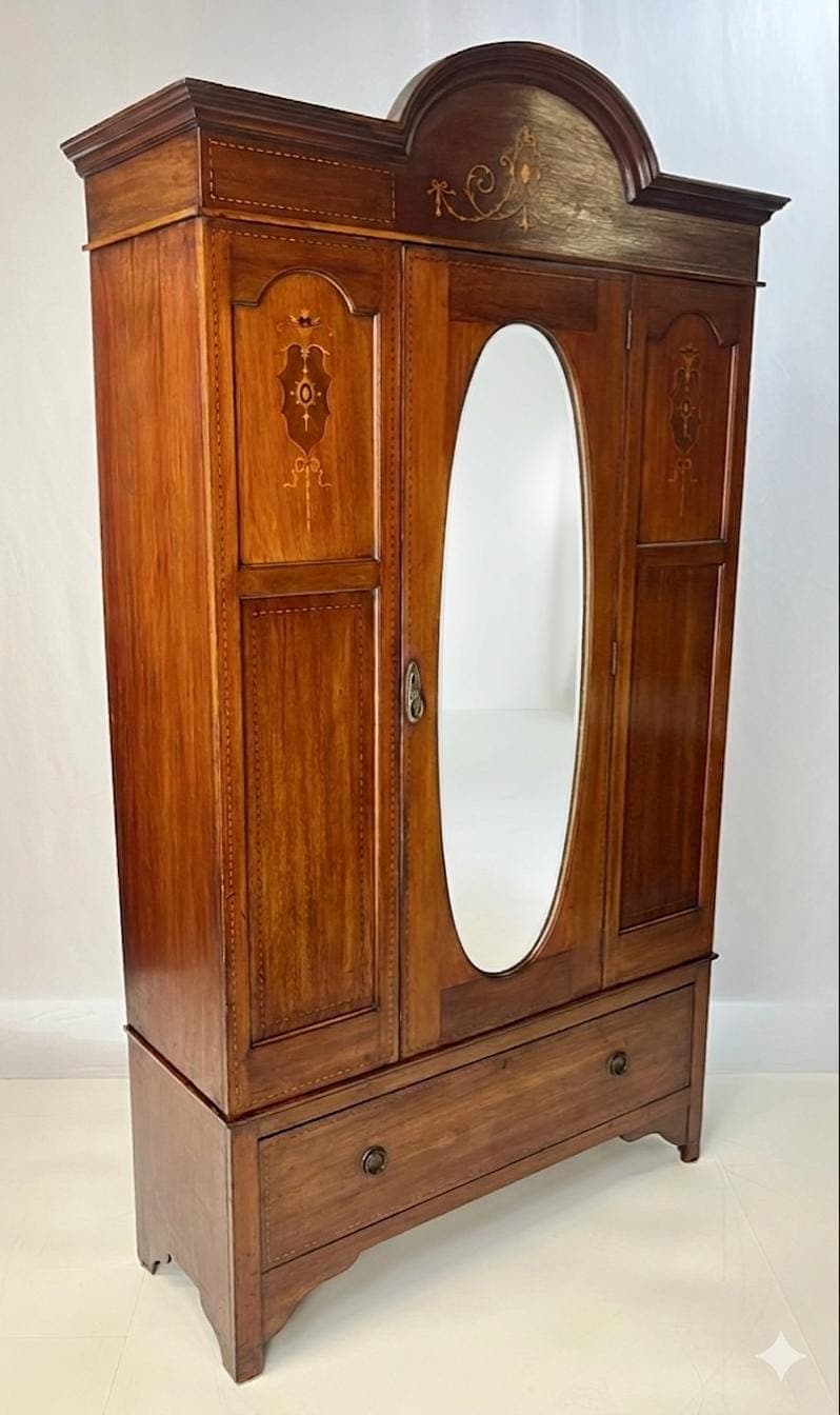English Edwardian Style Inlaid Mahogany Wardrobe With Beveled Oval Mirror - Thumbnail 4