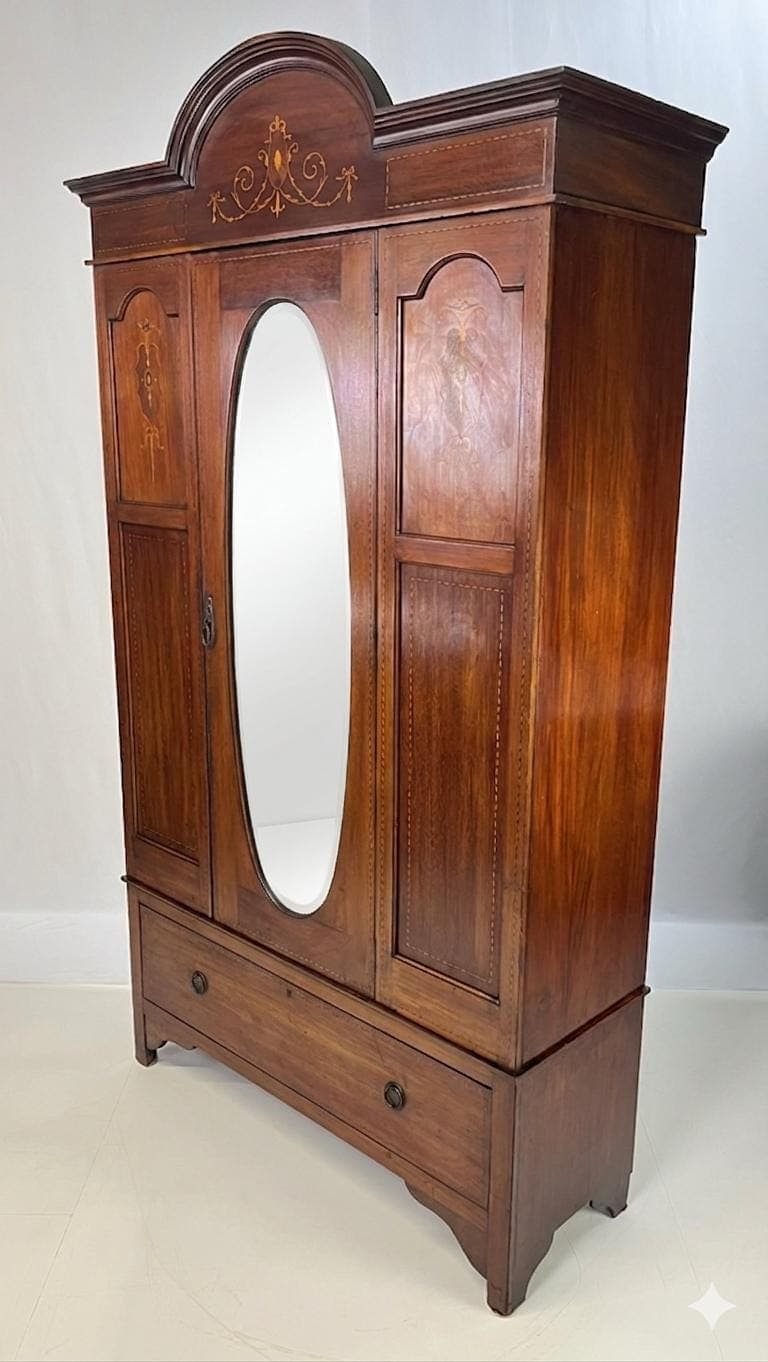 English Edwardian Style Inlaid Mahogany Wardrobe With Beveled Oval Mirror - Thumbnail 10