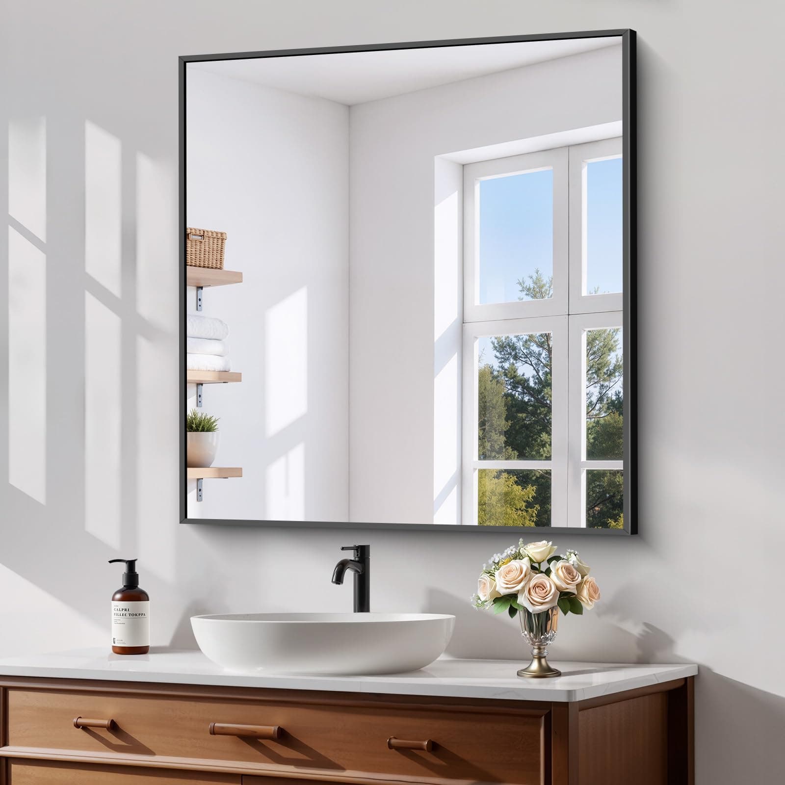 Koonmi Black Framed Bathroom Mirror - Shatterproof 32X28 Tempered Glass Hd No