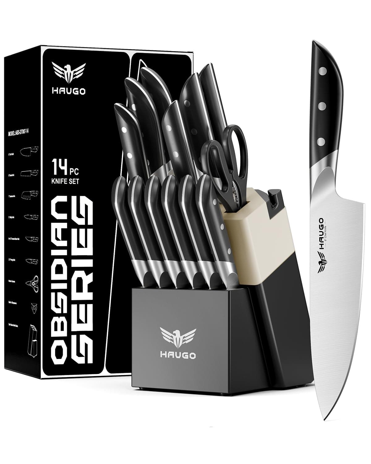 Haugo Kitchen Knife Set Block 14-Piece German Stainless Steel Full Tang