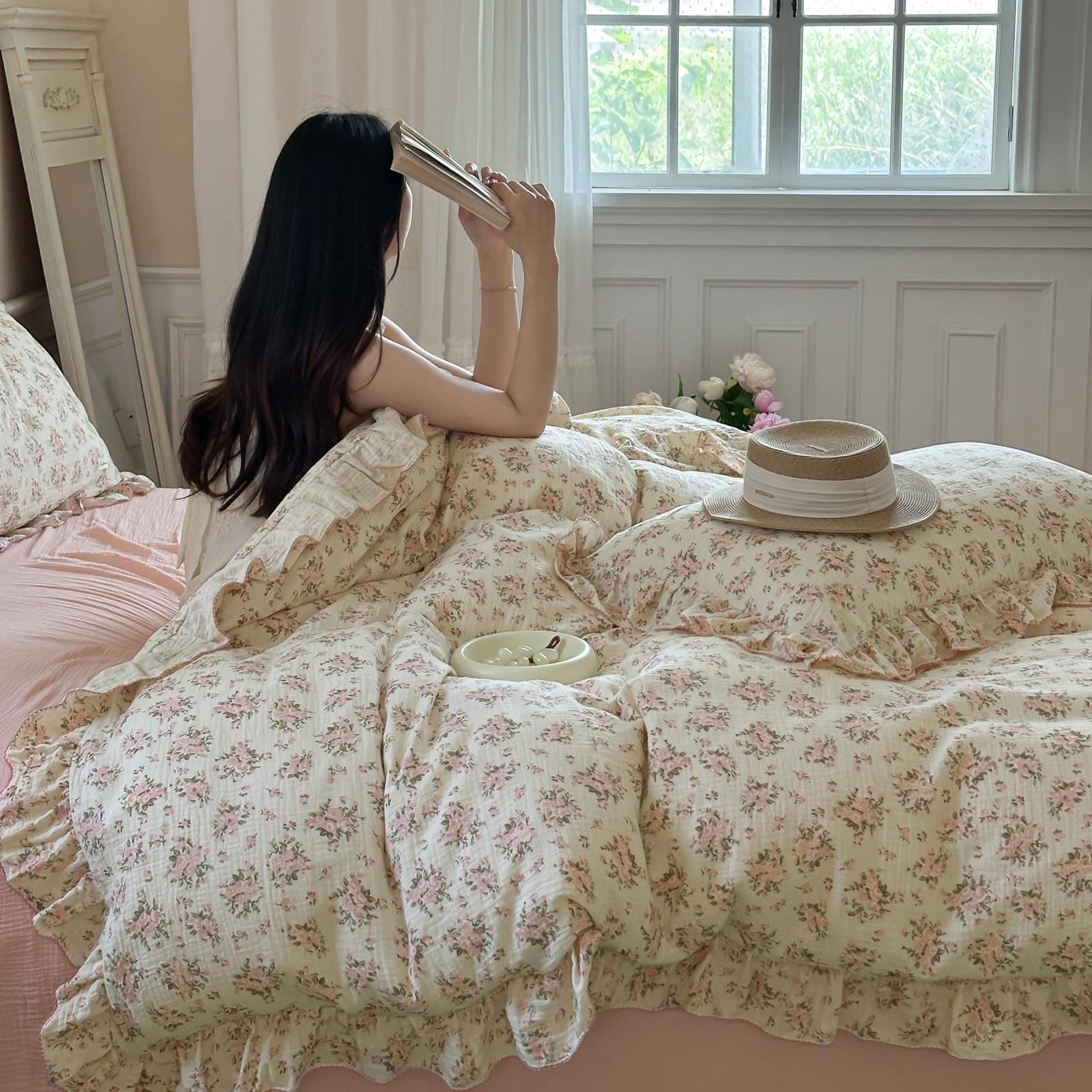 Vm Vougemarket Ruffle Duvet Cover Full Shabby Chic Pink Floral Bedding Setsoft - Thumbnail 7