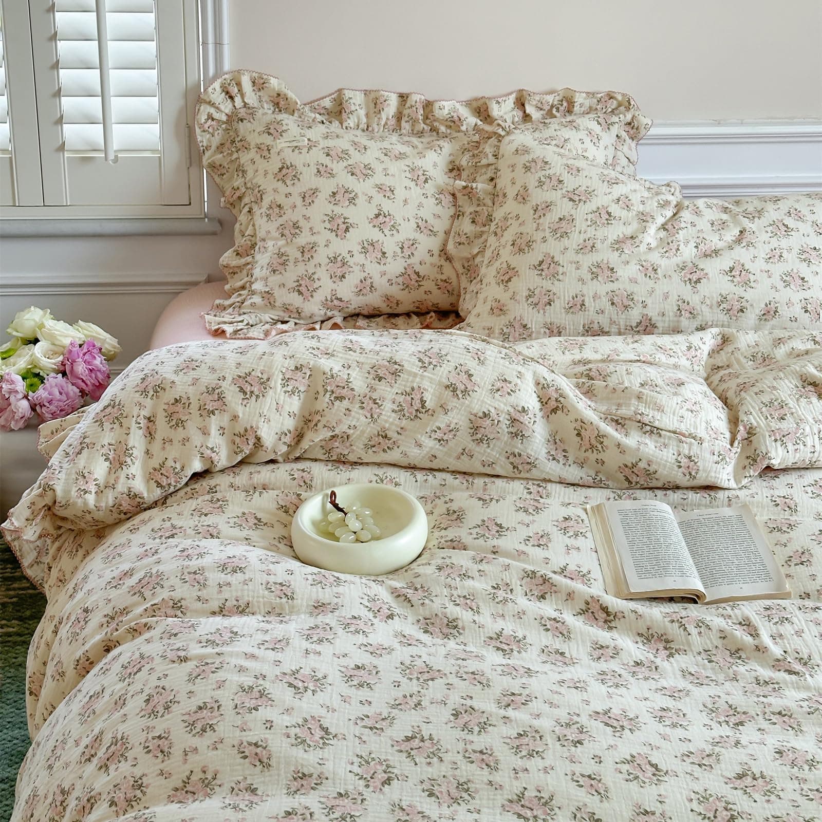 Vm Vougemarket Ruffle Duvet Cover Full Shabby Chic Pink Floral Bedding Setsoft - Thumbnail 5
