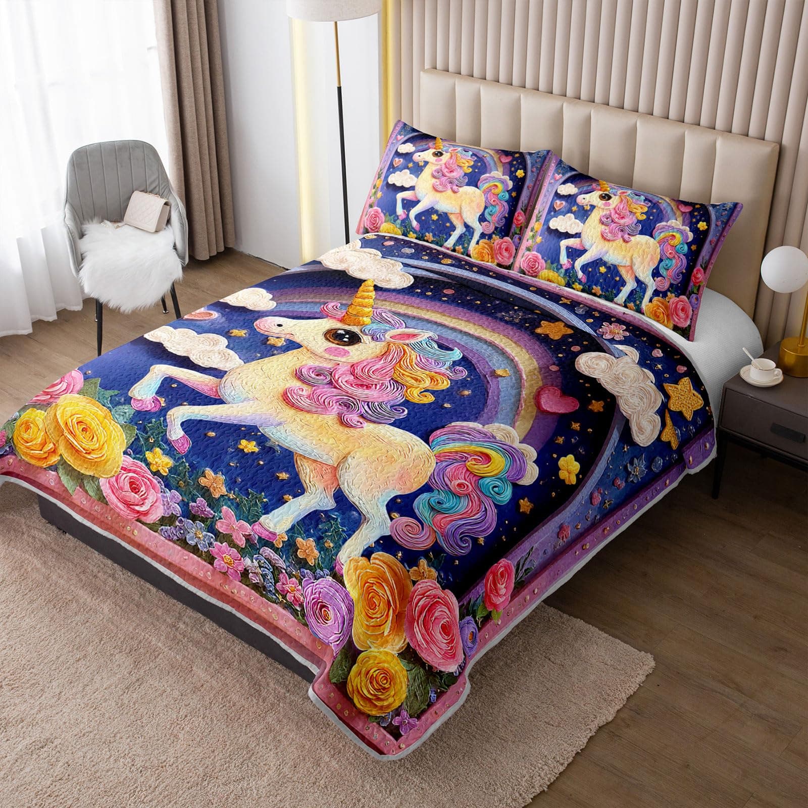 Lneffble Rainbow Unicorn Prints Quilt Set Twin Size For Grilstwin Size Kids