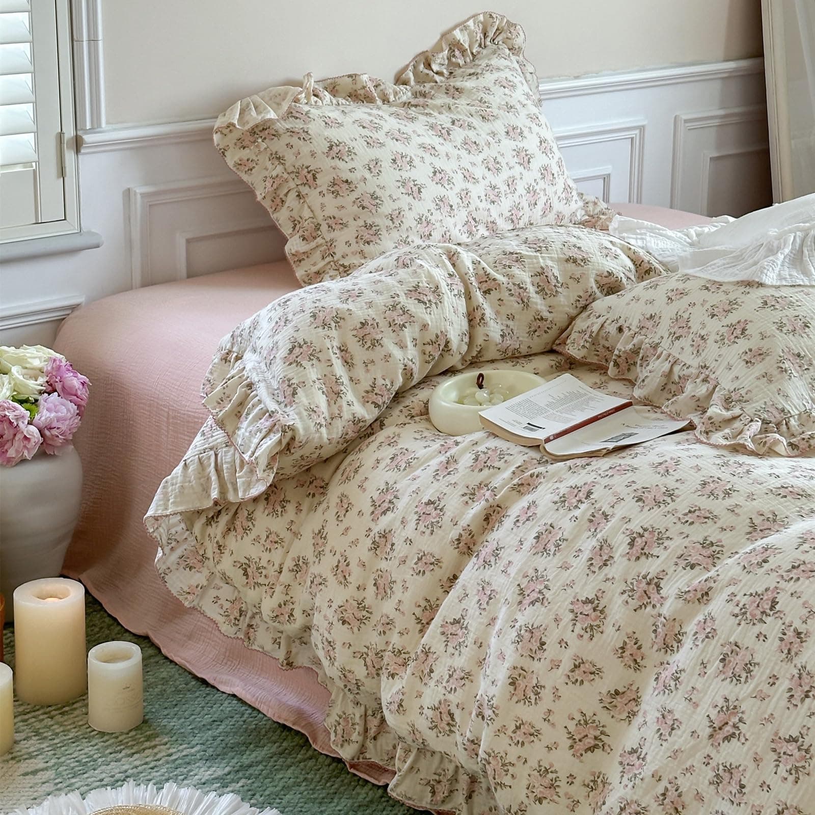 Vm Vougemarket Ruffle Duvet Cover Full Shabby Chic Pink Floral Bedding Setsoft - Thumbnail 4