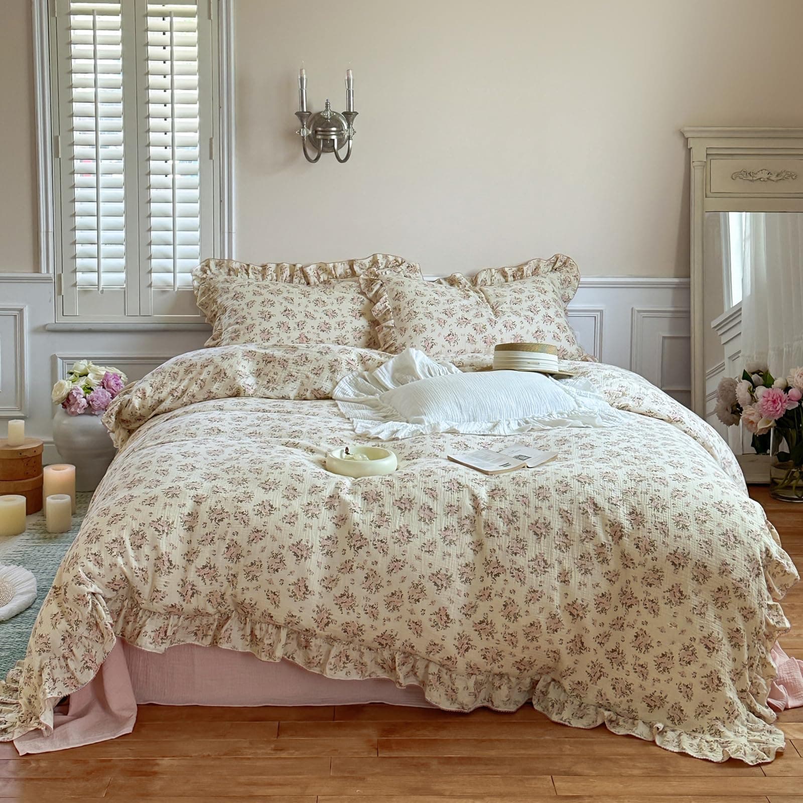 Vm Vougemarket Ruffle Duvet Cover Full Shabby Chic Pink Floral Bedding Setsoft - Thumbnail 8
