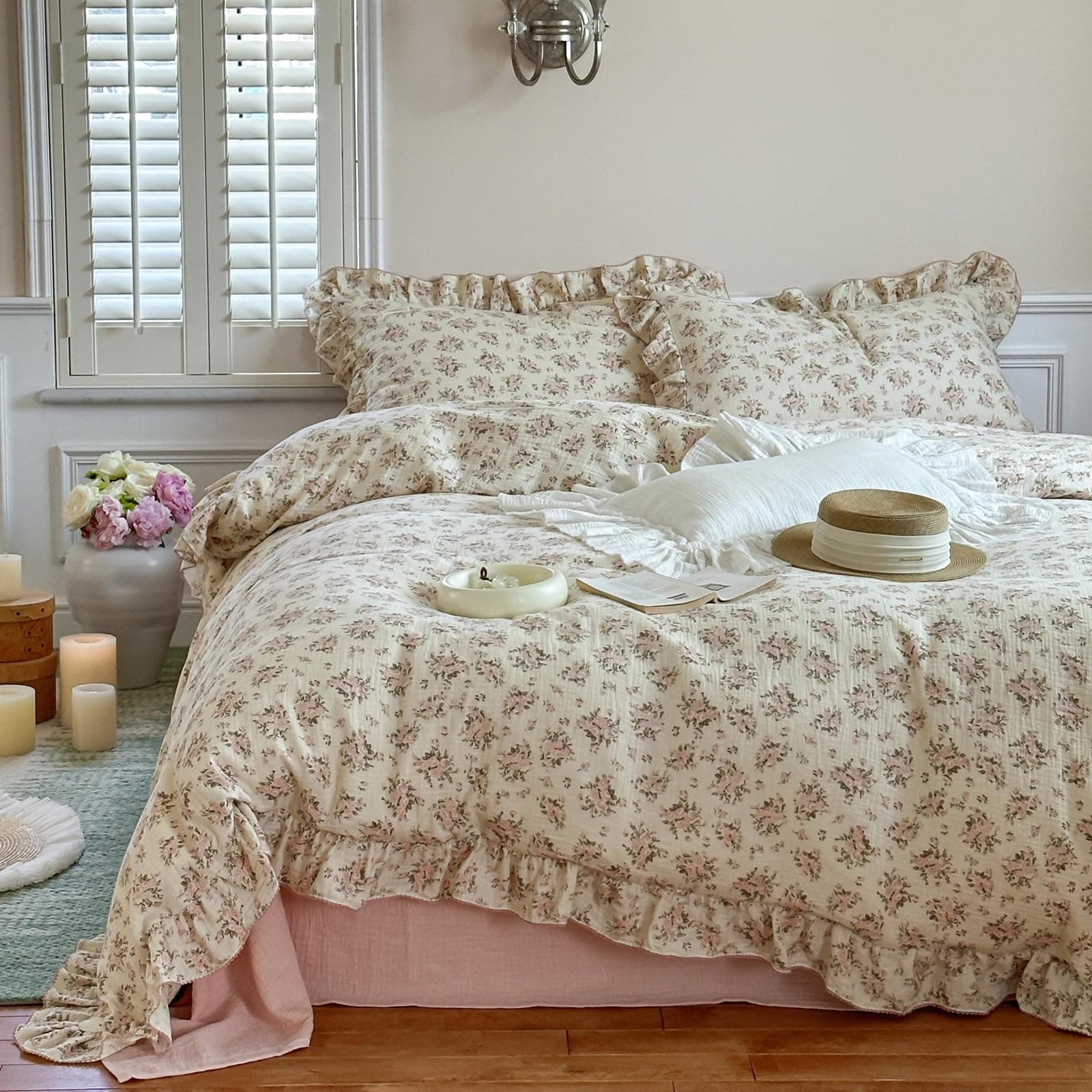 Vm Vougemarket Ruffle Duvet Cover Full Shabby Chic Pink Floral Bedding Setsoft