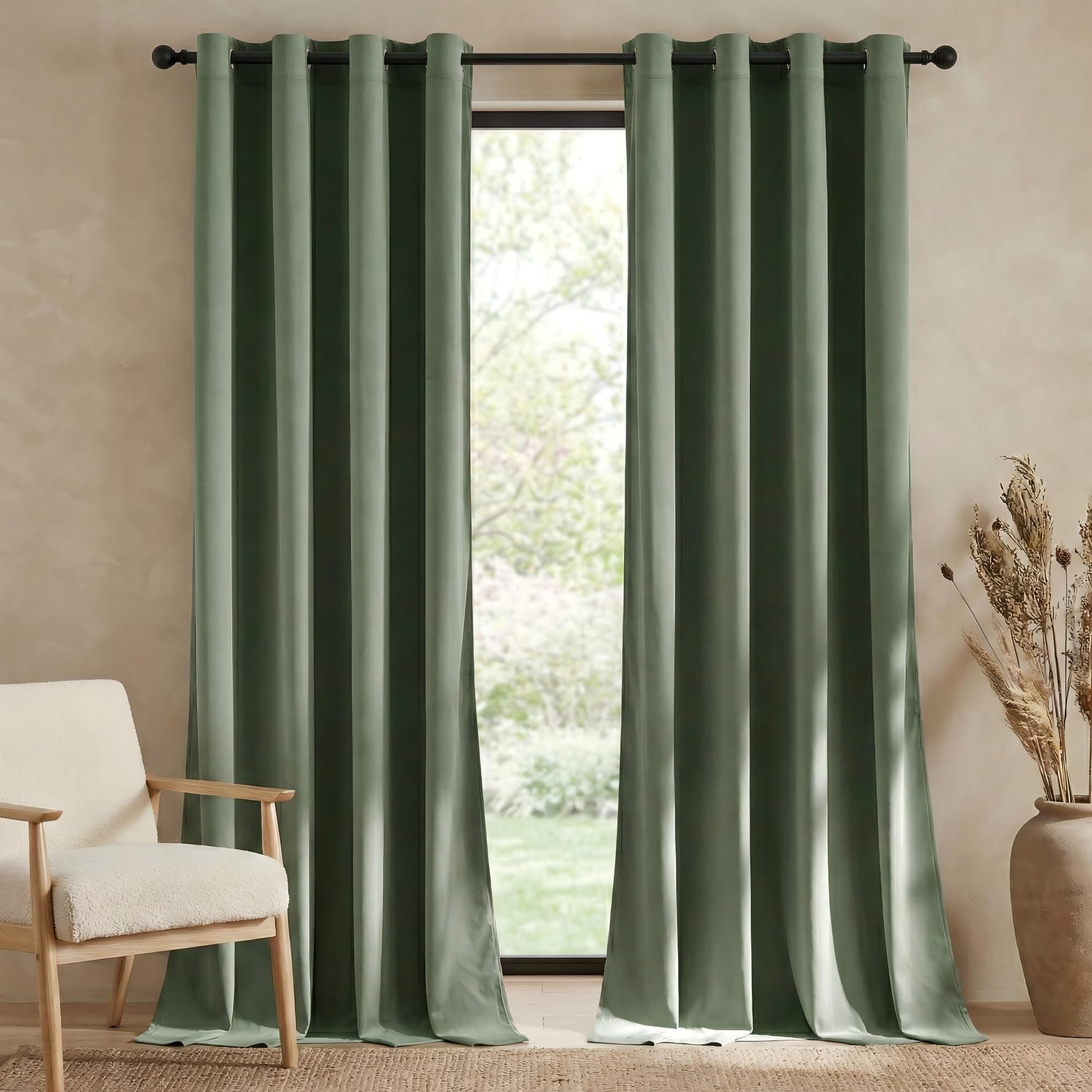 Nicetown Sage Green Velvet Curtains Drapes 108 Inch Long - Half Blackout