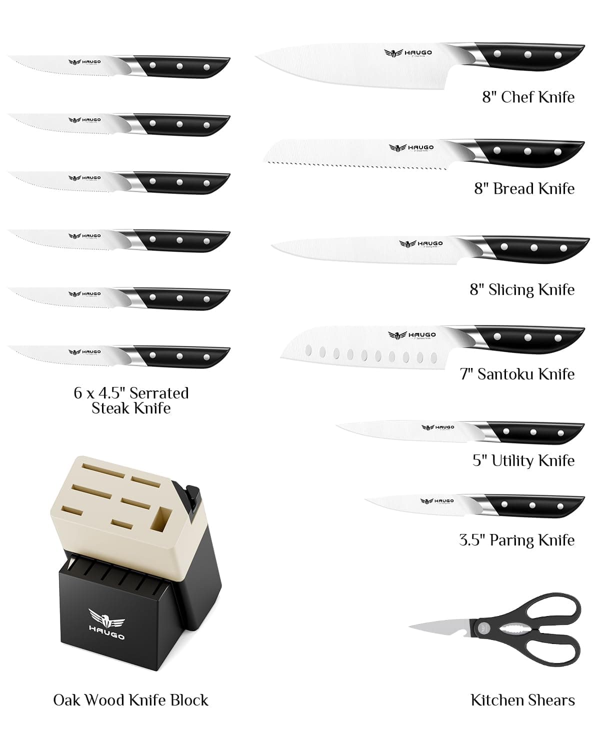 Haugo Kitchen Knife Set Block 14-Piece German Stainless Steel Full Tang - Thumbnail 2