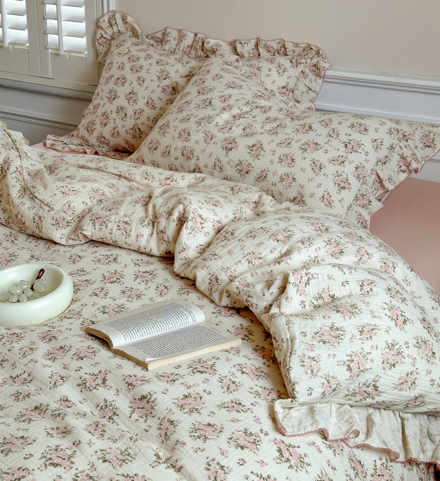 Vm Vougemarket Ruffle Duvet Cover Full Shabby Chic Pink Floral Bedding Setsoft - Thumbnail 6