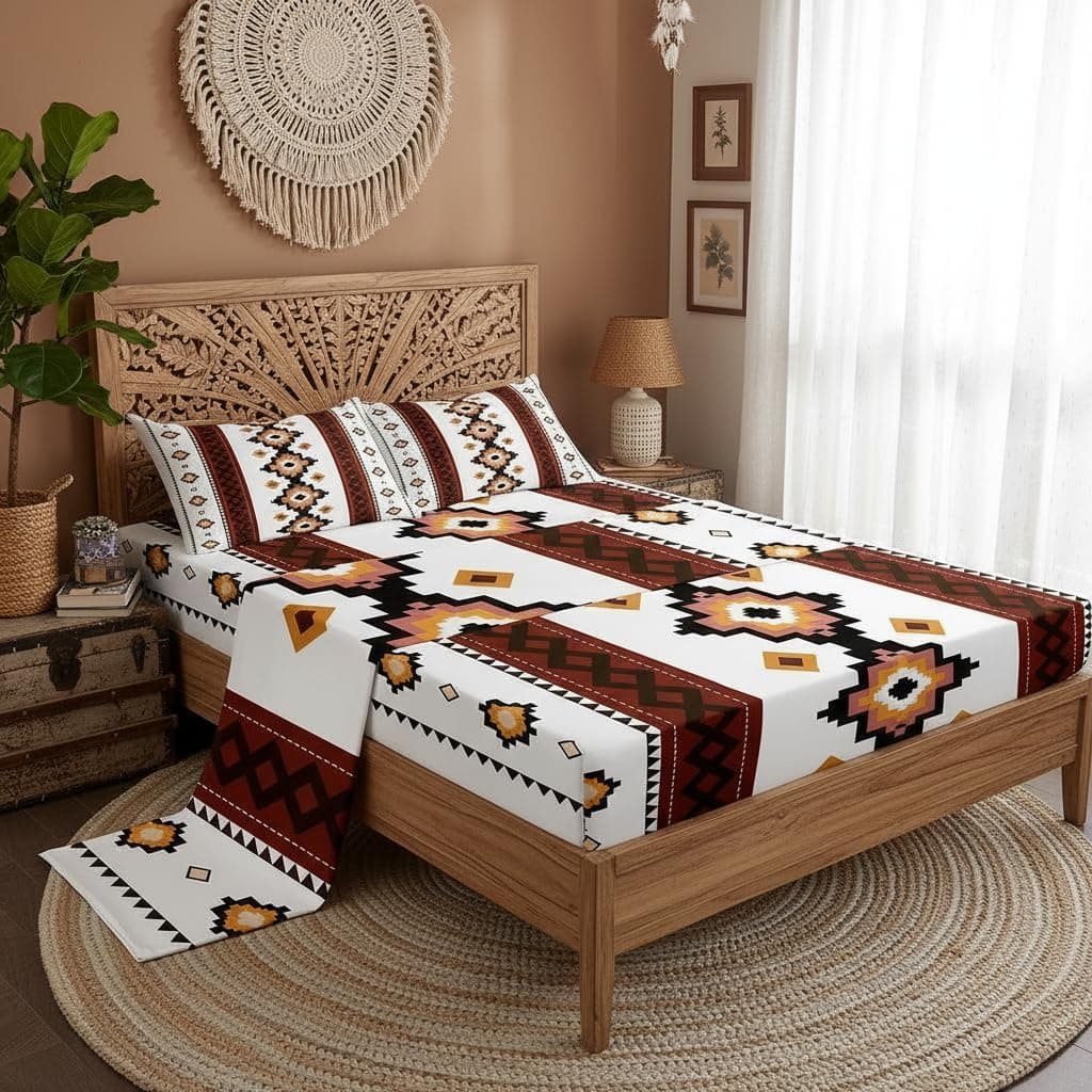 Castle Fairy Aztec Boho Sheets King 4Pcs Ethnic Bed Sheets Set Retro Exotic