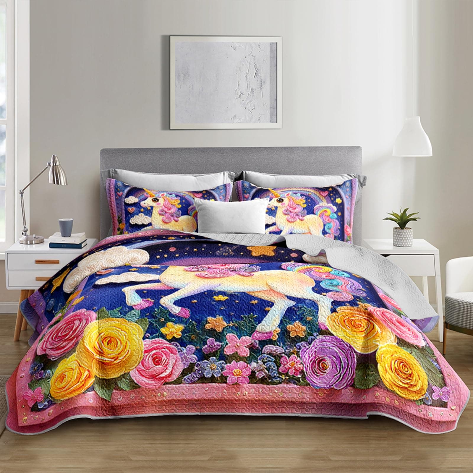 Lneffble Rainbow Unicorn Prints Quilt Set Twin Size For Grilstwin Size Kids - Thumbnail 2