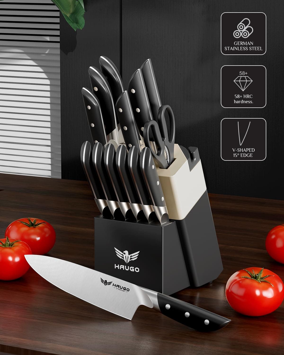 Haugo Kitchen Knife Set Block 14-Piece German Stainless Steel Full Tang - Thumbnail 3
