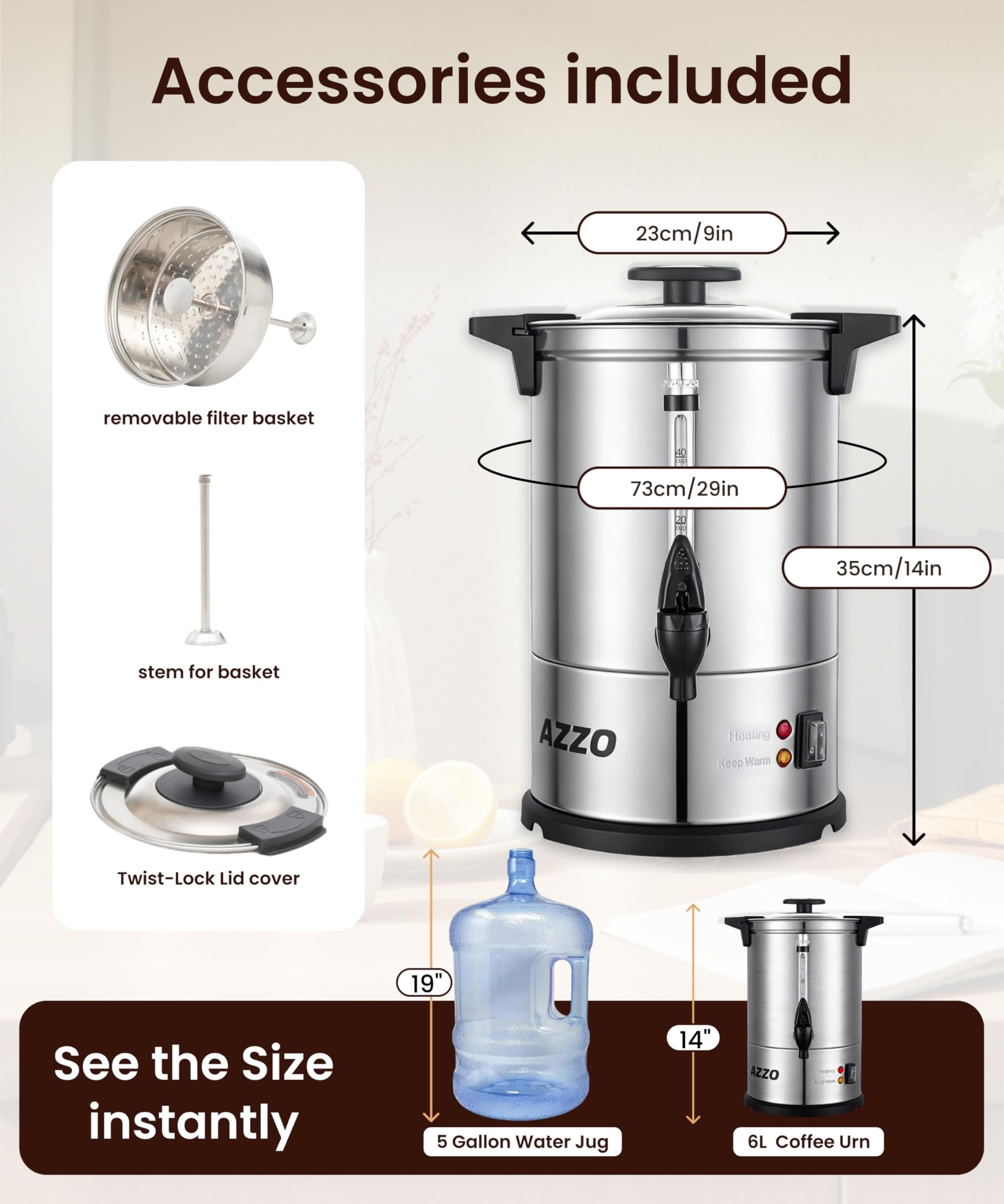 Azzo Kitchen Commercial Coffee Maker 40-Cup Large Coffee Urn Percolator Coffee - Thumbnail 5